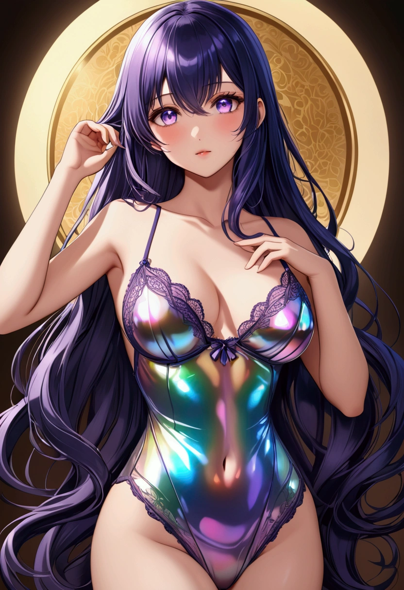 Anime girl,dark iridescent hair, iridescent eyes,hour glass body figure, nightwear,detailed hair, detailed face,best quality, high resolution, 8k