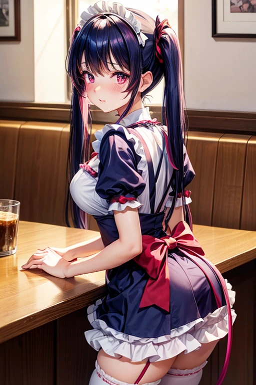 One woman,Cafe Waitress,navy blue_hair,Deep pink eyes,Twin tails,big tail,Red and white lolita maid outfit,blush,Facing forward,is working