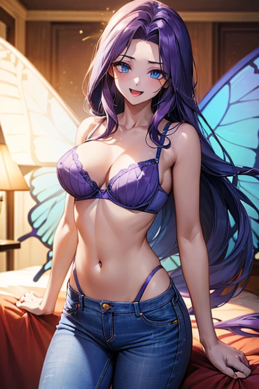 ((((blue bra)))), Very detailed、highest quality、Best image quality、masterpiece、8k、Anime Face、A kind smile、Open Mouth、(purple long hair:1.5)、big breast, sexy、 beautiful body 、Cowboy Shot, Sexual Intercourse, ((blue eyes)), hotel bedroom, (((Jeans))),(((butterfly wings))