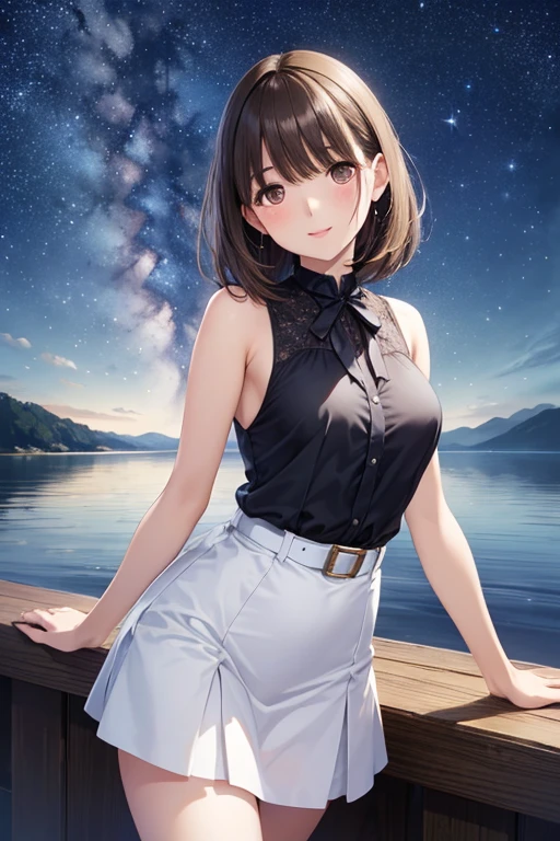 anegasaki nene、Shiny brown hair, short hair, (Beautiful brown eyes、Sparkling eyes, Fine grain)、smile、Ultra-detailed eyes、Highly detailed face, Highly detailed eyes,


One girl, alone,White sleeveless mini dress, belt, Realistic,  bangs, ribbon, View your viewers, lips, Upper Body, blush, 
Put your arms down,  break, Under the stars, Sea of stars, Detailed beautiful and fantastic night lake background, Thick Fog, cigarette, at night, Dynamic Angle ,