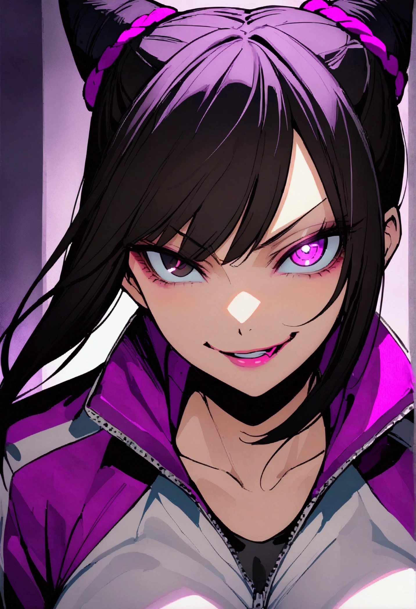 dark eye shadow,shining eyes,beautiful young fitness woman with , in a gym wearing May with black pantyhose, tight white and purple gym jacket. standing alone,hair horns,glowing purple eyes,Evil smile,legging preto ,labiaa,dark eye shadow,shining eyes,close up
