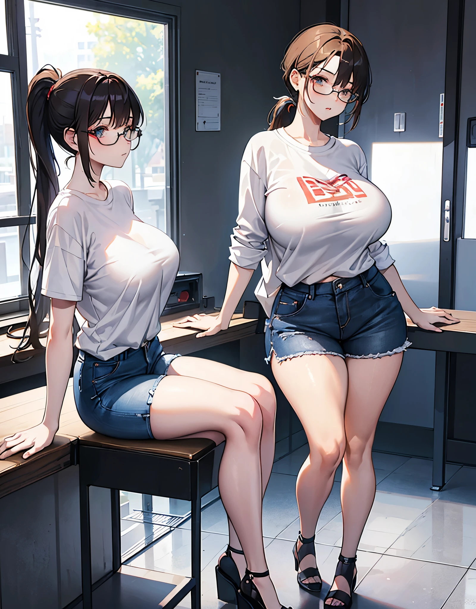 A gorgeous and distant girl，having a ponytail，wearing casual shirt and hot pants，thick thighs，fleshy thighs，revealing her thighs，big natural breasts，huge round breasts，busty young girl，supermodel figure，perfect body，teen，wearing glasses，sitting on the podium