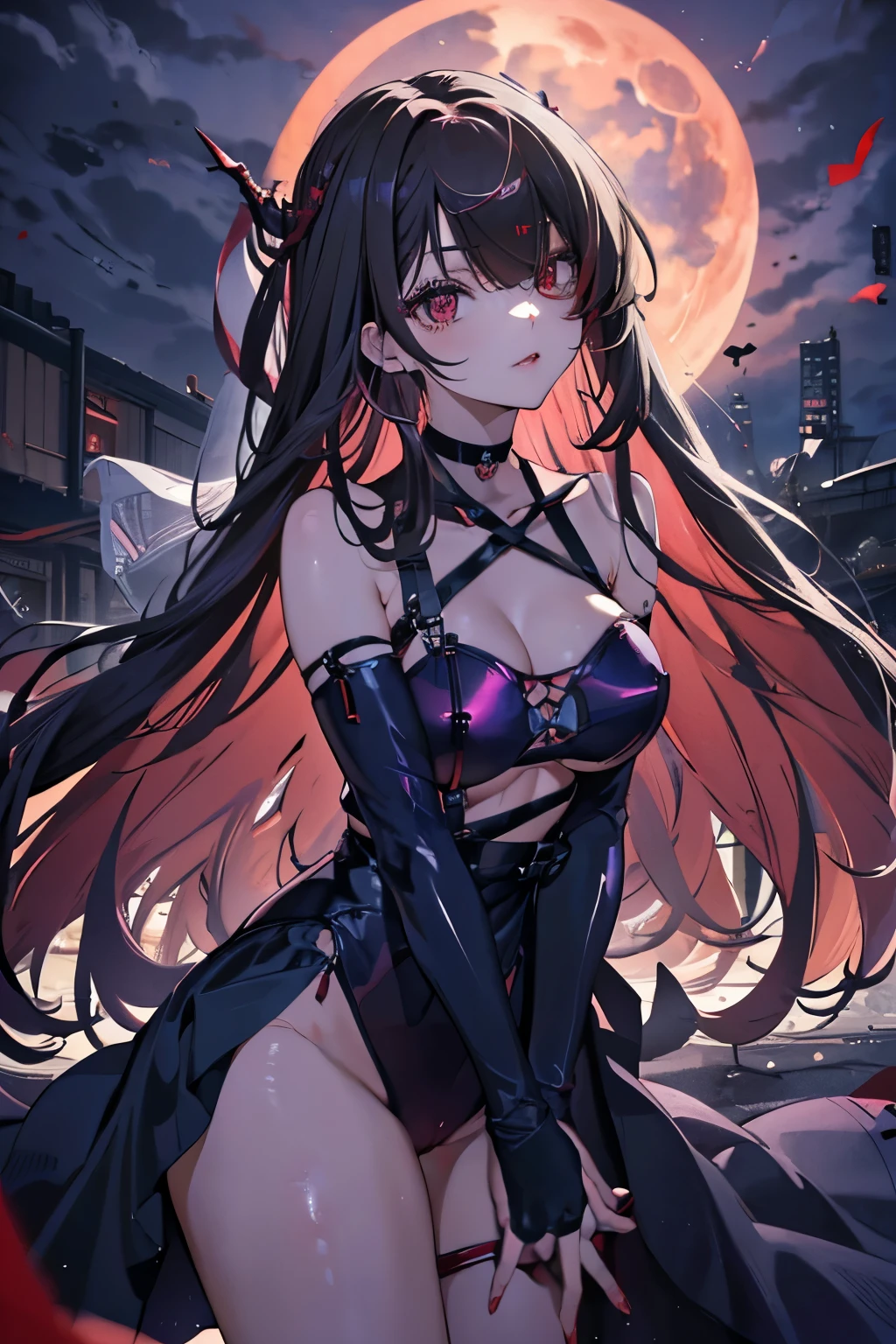 (((Very detailed, 8K quality))),,Hair above one eye, Red eyes, Clear Eyes, choker,Dark atmosphere,Nuns,Silver Hair,Long Hair,Eye patch,Red butterflies flutter,Red Moon,night,Dark Clouds,Vampire Hunter,nails are red,Wear a black lace veil,View from the front ,Anime Style, Movie Portrait Photography,椅子にsit、Red eyesの背景, Big and ample breasts,, (Scarlet Hair), Long Hair, Purple eyes, (Natural skin texture Sharp details, Surreal, (Realistic eyes, Natural skin texture, Realistic facial details), Written boundary depth, Bokeh, Sharp details, Surreal, 35mm film, Blurred, ,lipstick, ear piercing, eye shadow, Hoop Earrings, Red pink lips, 多色のRed eyes, Purple Theme,Wear an iridescent aura,Beautiful Eyes,Standing in front of the red gate、Leaning forward,drooping bangs,sit,Shoot the gun from the front,Composition looking up from below,Waist full body view