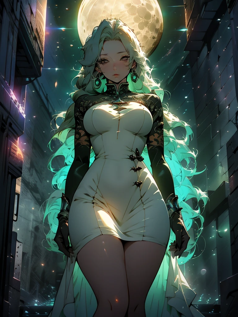 Beautiful anime goddess with long green hair, wearing a short dress, breasts, anime key look, moon, large breasts, intricate, hips, highly detailed, wide hips, breathtaking beauty, vibrant and sharp focus, illustration