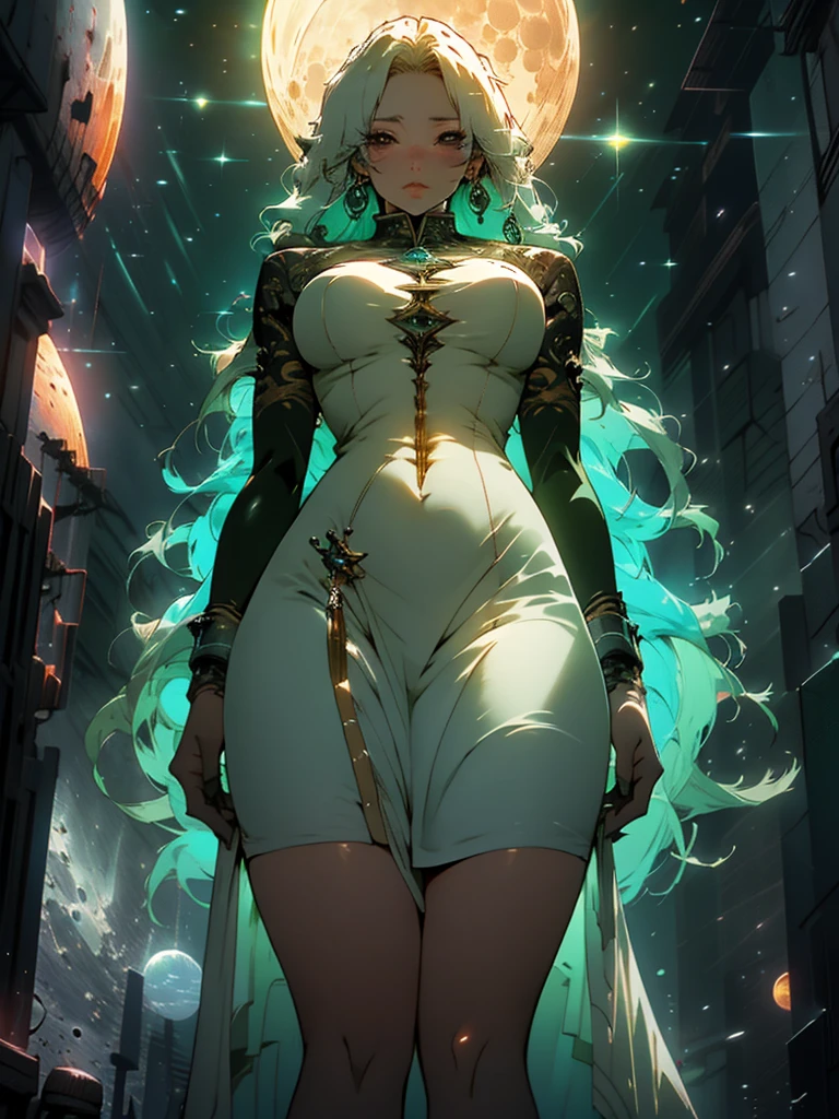 Beautiful anime goddess with long green hair, wearing a short dress, breasts, anime key look, moon, large breasts, intricate, hips, highly detailed, wide hips, breathtaking beauty, vibrant and sharp focus, illustration