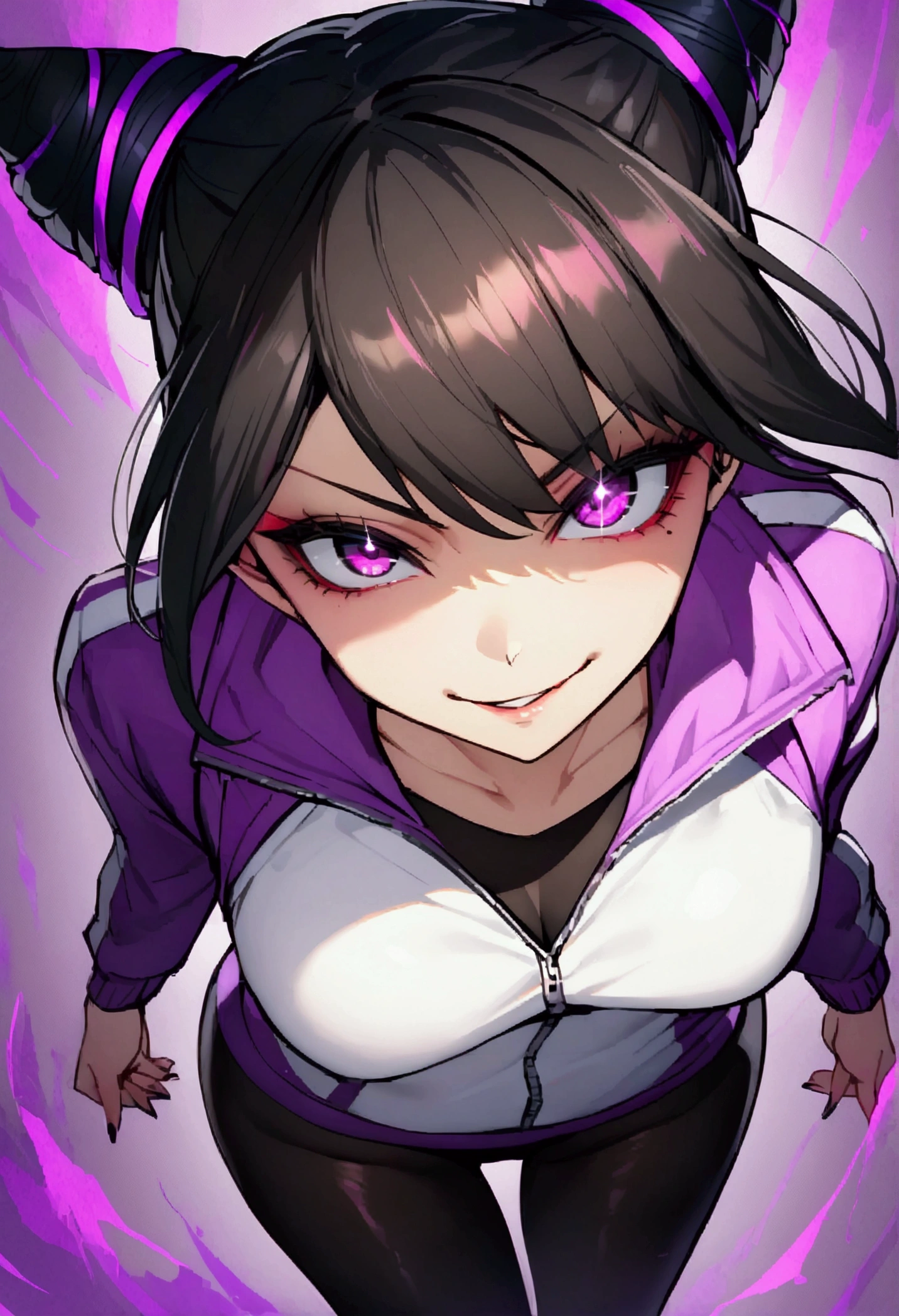 dark eye shadow,shining eyes,beautiful young fitness woman with , in a gym wearing May with black pantyhose, tight white and purple gym jacket. standing alone,hair horns,glowing purple eyes,Evil smile,legging preto ,labiaa,dark eye shadow,shining eyes,close up