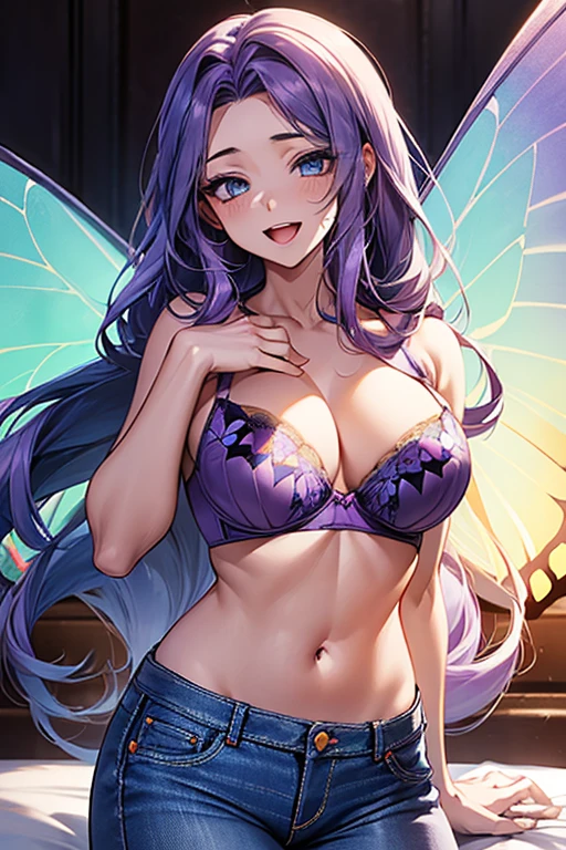 ((((sky blue bra)))), Very detailed、highest quality、Best image quality、masterpiece、8k、Anime Face、A kind smile、Open Mouth、(purple long hair:1.5)、big breast, sexy、 beautiful body 、Cowboy Shot, Sexual Intercourse, ((blue eyes)), hotel bedroom, (((Jeans))),(((butterfly wings))