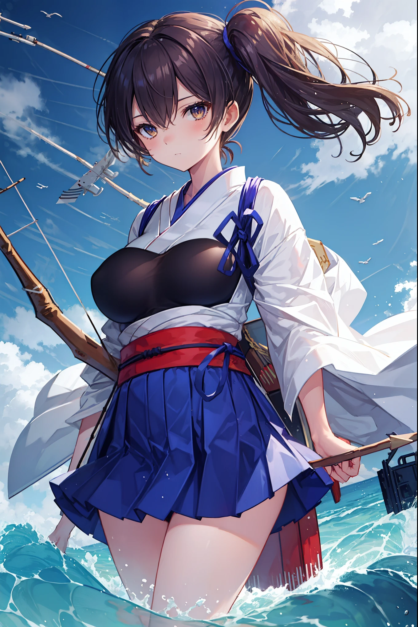 Kaga(Fleet Collection),highest quality, masterpiece, High resolution,kimono,blue skirt,side ponytail,big_breasts,solo,Japanese_bow&arrow,dynamic_posing,half_eyes,solo,plump,sea_landscape_background,waves