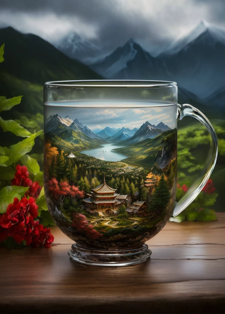There is a glass cup with a mountain landscape painted on it., Surreal landscape, Beautifully detailed scenes, Beautiful photorealistic images, 非常にDetailed landscape, Highly detailed scenes, photorealistic landscape, Detailed landscape, The Holy Grail of Understading, Highly detailed illustration, Surreal Digital Art, Realistic painting, Highly realistic photos, hyper real oil painting
