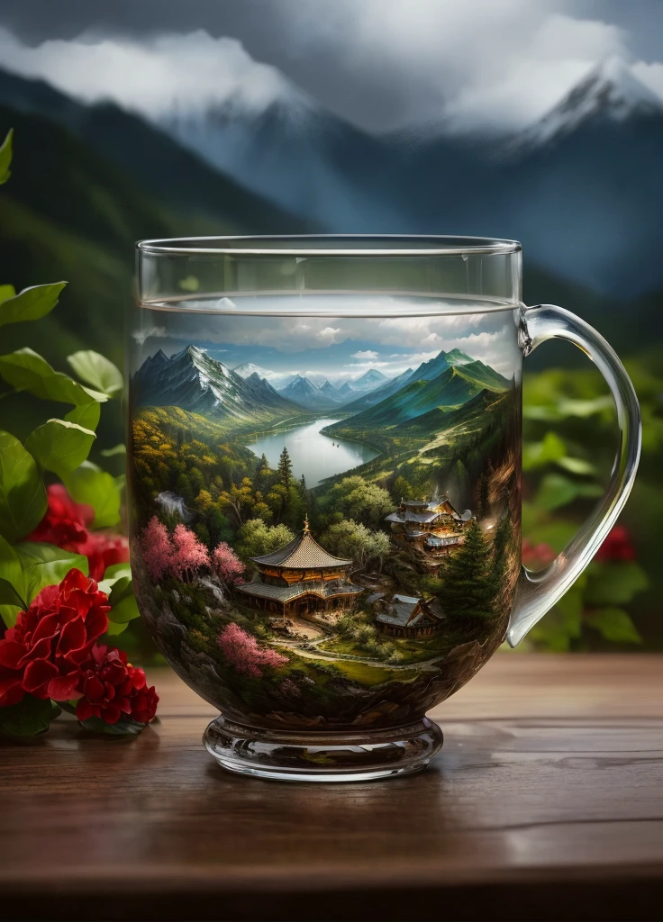 There is a glass cup with a mountain landscape painted on it., Surreal landscape, Beautifully detailed scenes, Beautiful photorealistic images, 非常にDetailed landscape, Highly detailed scenes, photorealistic landscape, Detailed landscape, The Holy Grail of Understading, Highly detailed illustration, Surreal Digital Art, Realistic painting, Highly realistic photos, hyper real oil painting
