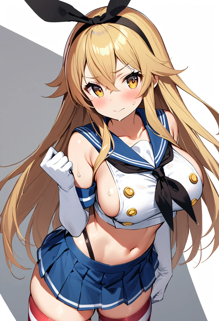 rensouhou-chan, shimakaze (kancolle), 1girl, solo, long hair, breasts, looking at viewer, blush, skirt, blonde hair, large breasts, simple background, hair ornament, thighhighs, gloves, white background, navel, hair between eyes, closed mouth, underwear, , collarbone, yellow eyes, pleated skirt, hairband, serafuku, sleeveless, elbow gloves, striped, white gloves, miniskirt, sailor collar, blue skirt, crop top, wet, neckerchief, sideboob, skindentation, highleg, black hairband, blue sailor collar, striped thighhighs, alternate breast size, microskirt, black neckerchief, anchor hair ornament