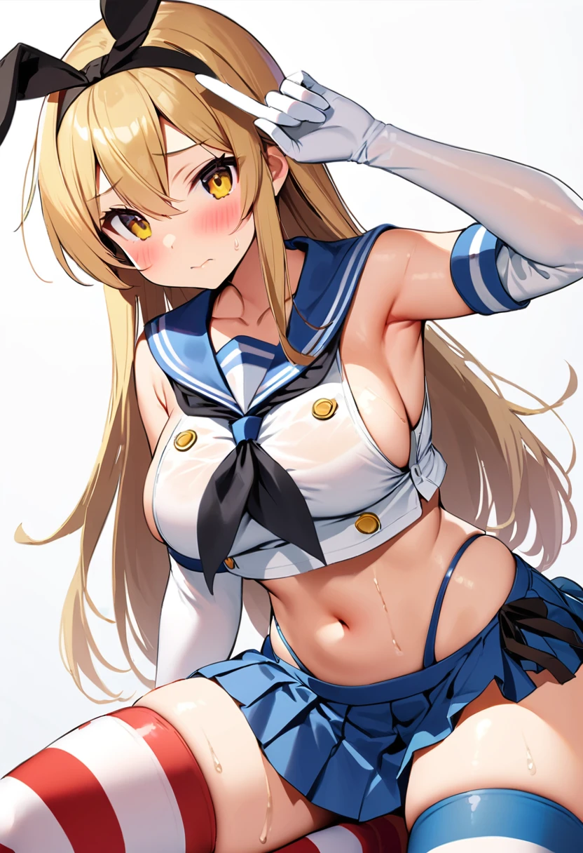 rensouhou-chan, shimakaze (kancolle), 1girl, solo, long hair, breasts, looking at viewer, blush, skirt, blonde hair, large breasts, simple background, hair ornament, thighhighs, gloves, white background, navel, hair between eyes, closed mouth, underwear, , collarbone, yellow eyes, pleated skirt, hairband, serafuku, sleeveless, elbow gloves, striped, white gloves, miniskirt, sailor collar, blue skirt, crop top, wet, neckerchief, sideboob, skindentation, highleg, black hairband, blue sailor collar, striped thighhighs, alternate breast size, microskirt, black neckerchief, anchor hair ornament