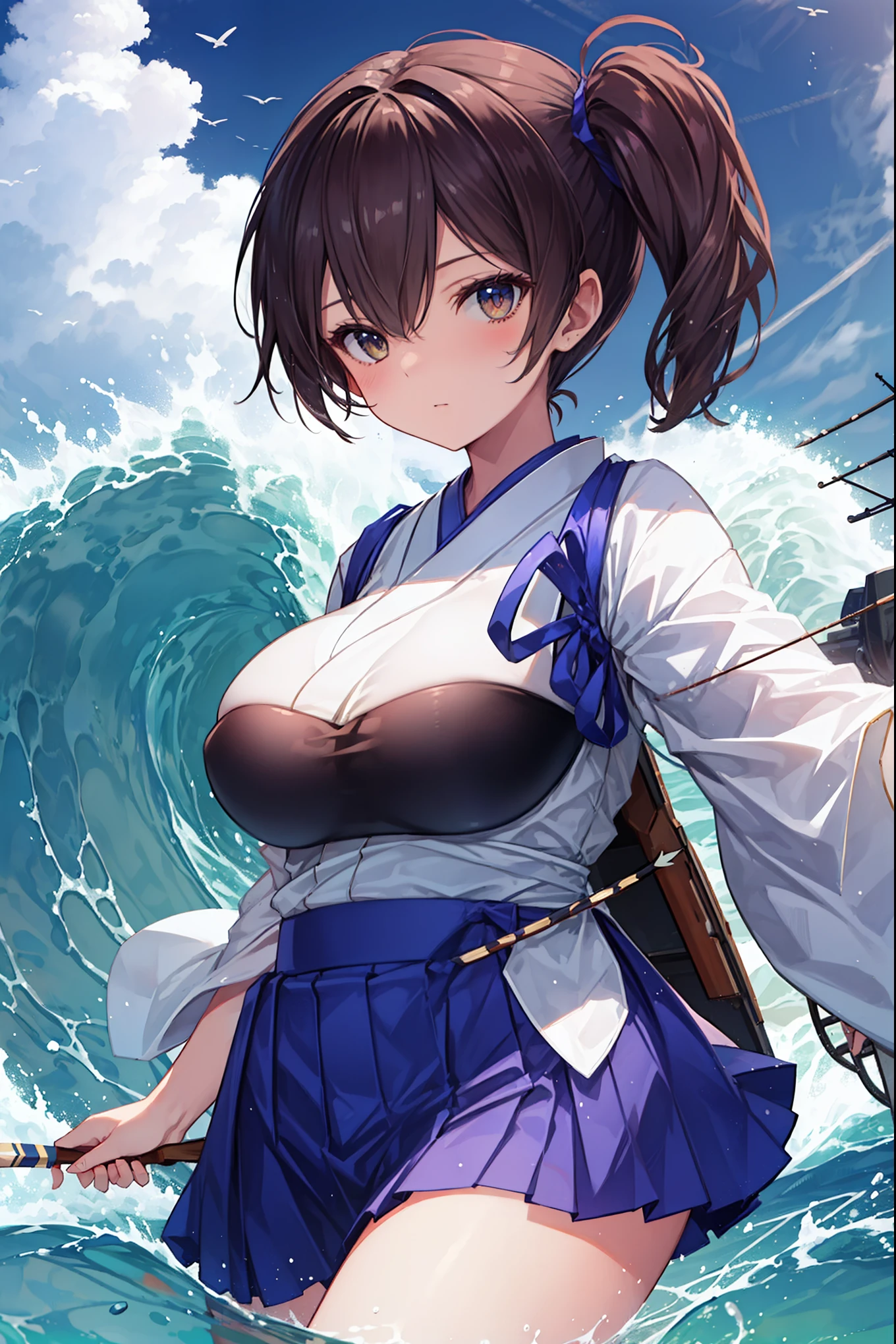 Kaga(Fleet Collection),highest quality, masterpiece, High resolution,kimono,blue skirt,side ponytail,big_breasts,solo,Japanese_bow&arrow,dynamic_posing,half_eyes,solo,plump,sea_landscape_background,waves