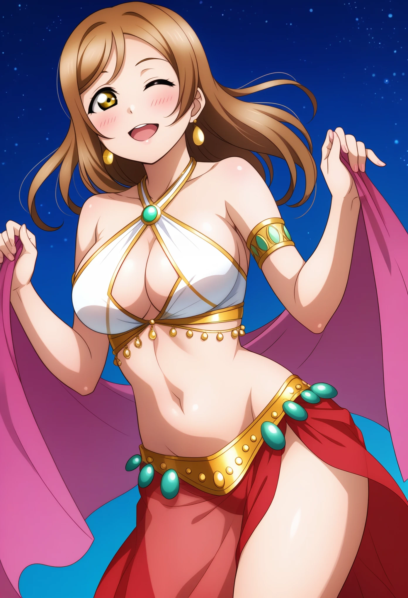 masterpiece, best quality,((Smooth texture:0.75, Realistic texture:0.65, Photorealistic:1.1, Anime CG style)), simple background, night sky background with stars,dynamic angle of view,kunikida hanamaru, (long hair:0.888), love live,(breasts:0.878), (brown hair:0.875) ,(large breasts:1.0) ,cowboy shot, standing, (blushing:1.2), bellydancer ,jewelry,criss-cross halter,arabian clothes, colorful clothes, curvy body, thighs, bra, panties ,see-through top, see-through sarong, seductive wink 