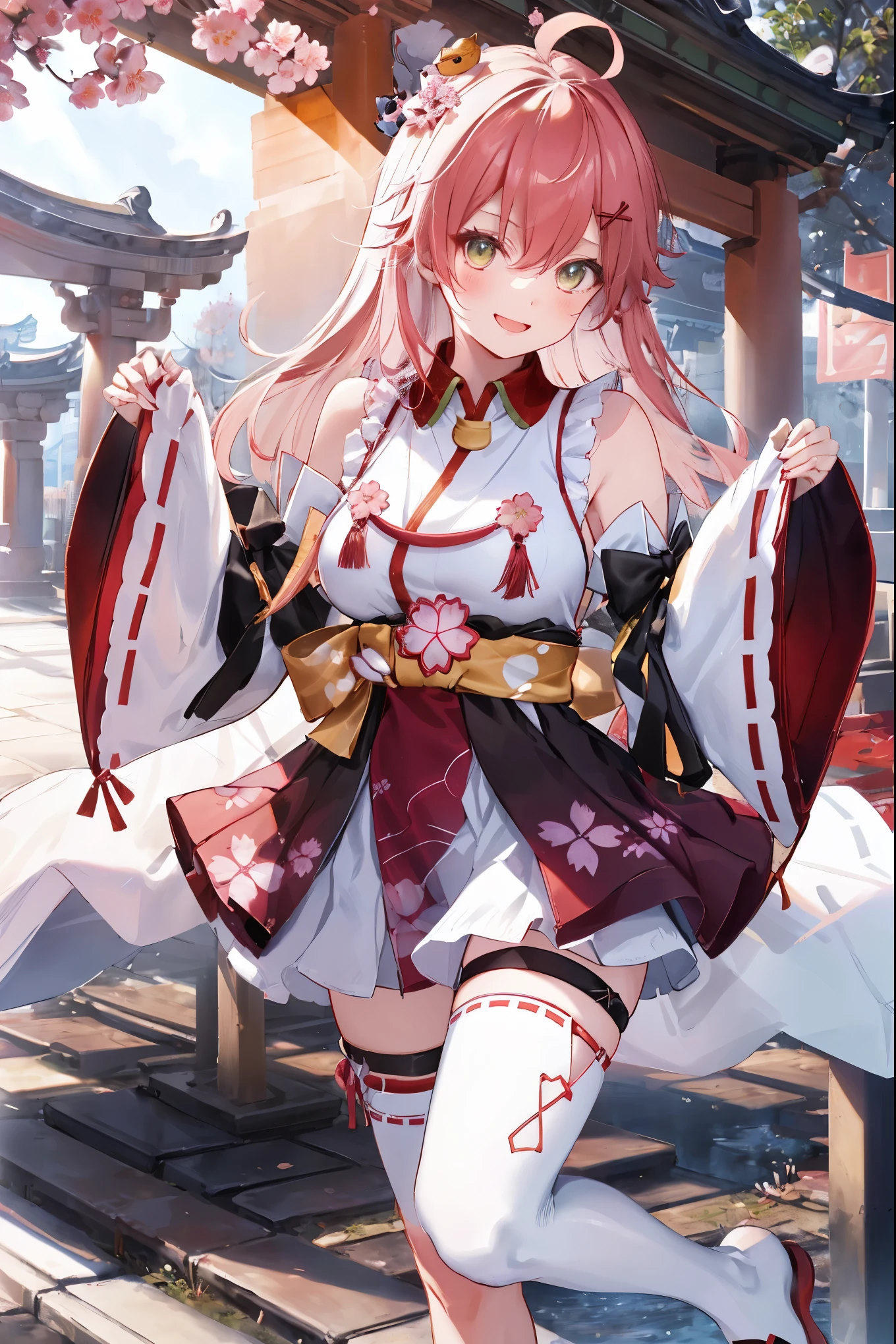 masterpiece, best quality, highres, miko1, sakura_miko, 1girl, big_boobs, solo, ahoge, x_hair_ornament, pink_hair, floral print, hairclip,(side_less_clothes:1.5), (side_boobs:1.5), hair_bell, floral print, long_hair, hair between eyes, one side up, white thighhighs, asymmetrical legwear, wide sleeves, open_mouth,(happy:1.3),gleen_eyes,big_smile,(rise_leg:1.3),plump,apart_legs,(overly_long_sleeves:1.3),),sleeves_past_wrists,hands_hidden_sleeves,sidelock_clothes,dynamic_posing,solo,hidden_wrists,(XD:1.4),covered_nipples,sunlight,cherryblossom_temple_landscape_background,