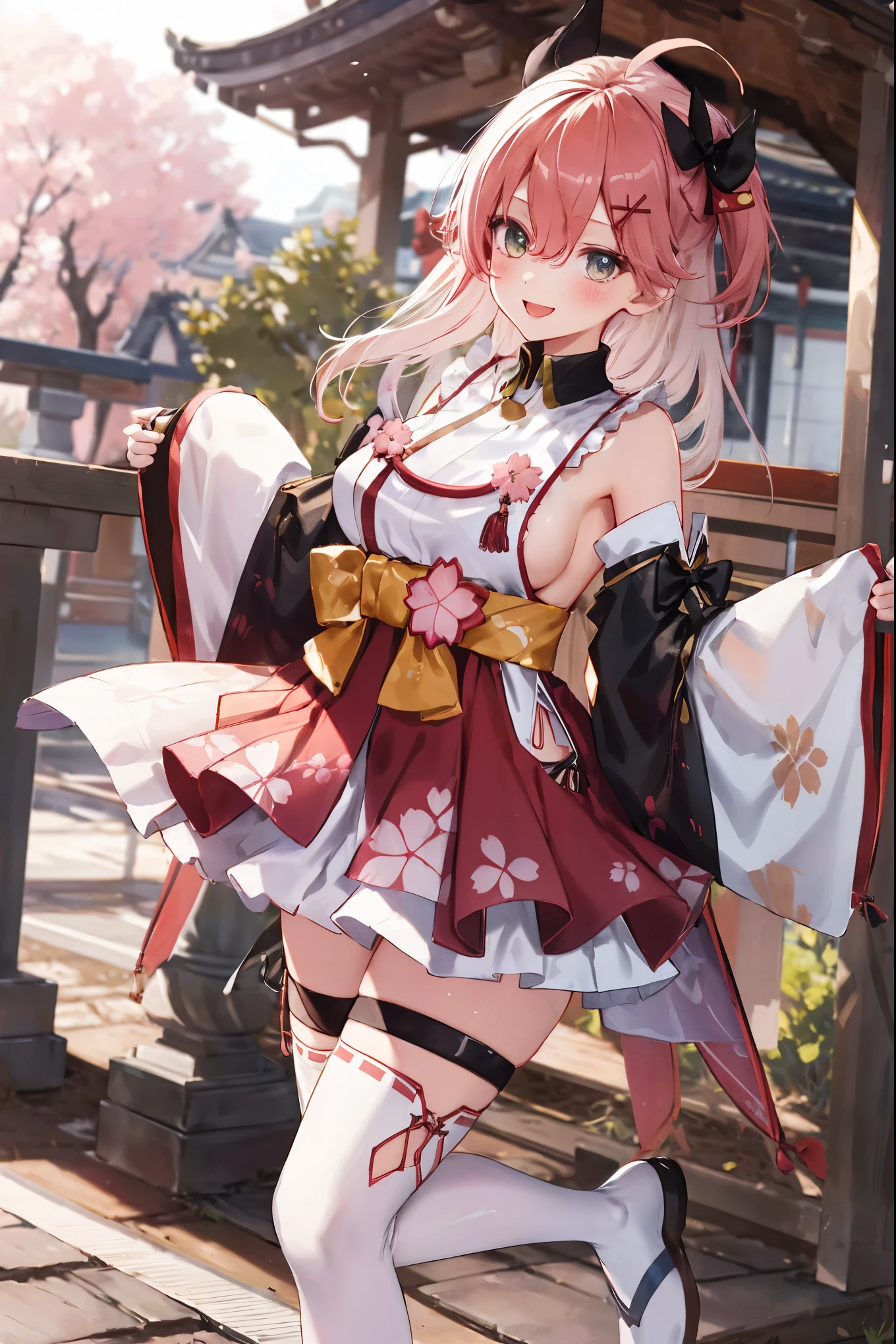 masterpiece, best quality, highres, miko1, sakura_miko, 1girl, big_boobs, solo, ahoge, x_hair_ornament, pink_hair, floral print, hairclip,(side_less_clothes:1.5), (side_boobs:1.5), hair_bell, floral print, long_hair, hair between eyes, one side up, white thighhighs, asymmetrical legwear, wide sleeves, open_mouth,(happy:1.3),gleen_eyes,big_smile,(rise_leg:1.3),plump,apart_legs,(overly_long_sleeves:1.3),),sleeves_past_wrists,hands_hidden_sleeves,sidelock_clothes,dynamic_posing,solo,hidden_wrists,(XD:1.4),covered_nipples,sunlight,cherryblossom_temple_landscape_background,