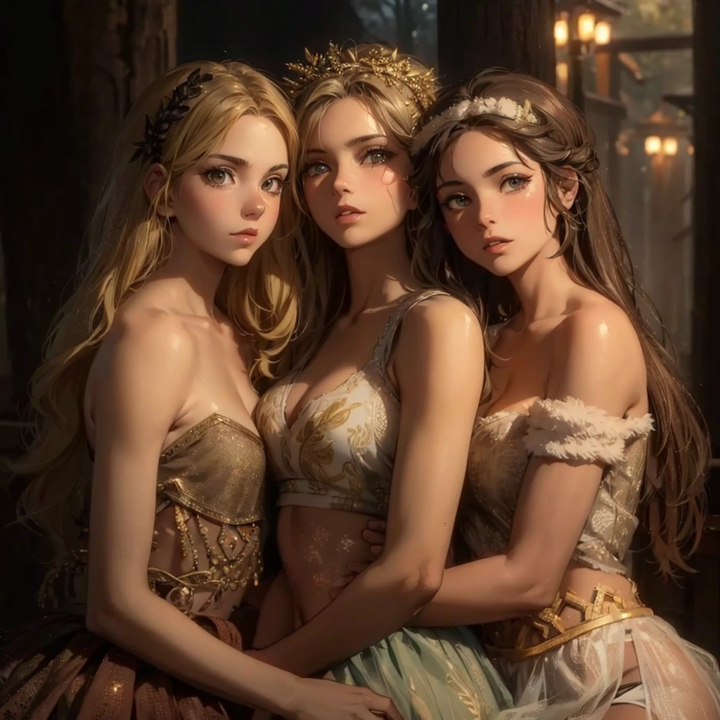 (the three graces of Rubens),(one with the face of Emily Rudd the second with the face of Evangeline Lilly and the third with the face of Alicia Vikander), modern version of the picture, masterpiece, hyperdetailed painting, ((3girls)).