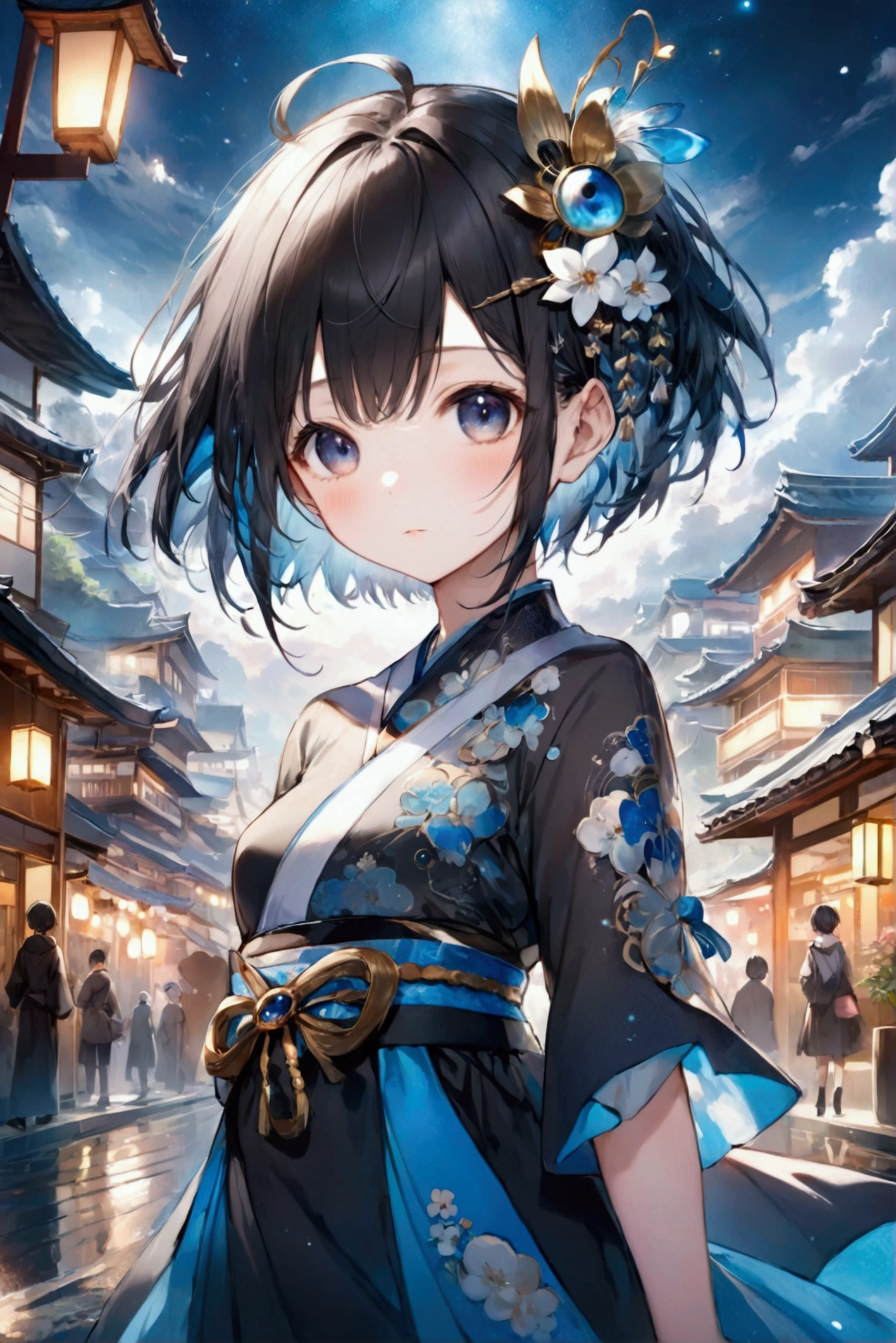 (Highest quality, 8k, 32K, masterpiece, Ultra-high resolution,:1.2),to be born, One Girl,So cute , hair ornaments, eye, Multicolored Hair, Black Hair, 黒色のFantasy背景, clear, 輝くeye, Age 25 ,Fair skin, Girl with silver hair, short hair, Hairstyles with outside splashes, Innocenceな笑顔, Fantasy, Innocence, Japanese Town, night