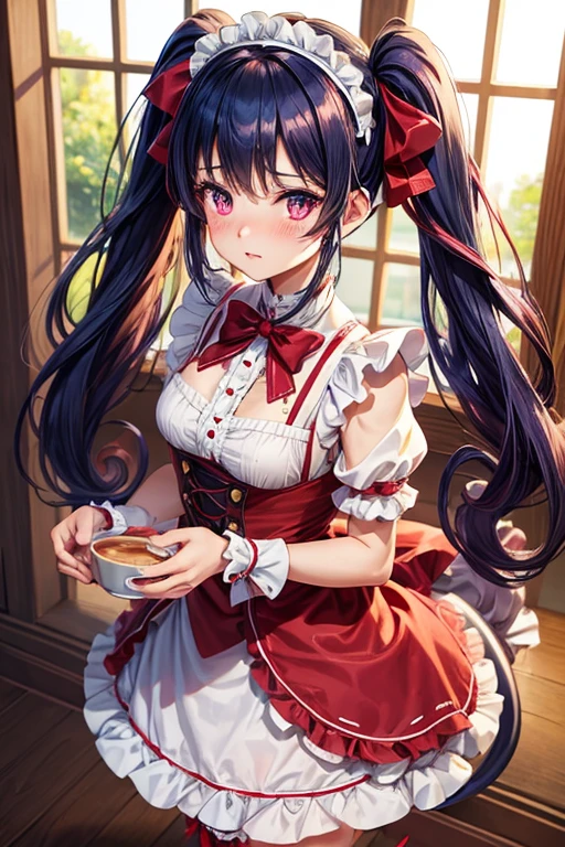 One woman,Cafe Waitress,navy blue_hair,Deep pink eyes,Twin tails,big tail,Red and white ta maid outfit,Red maid outfit,blush,Facing forward,is working