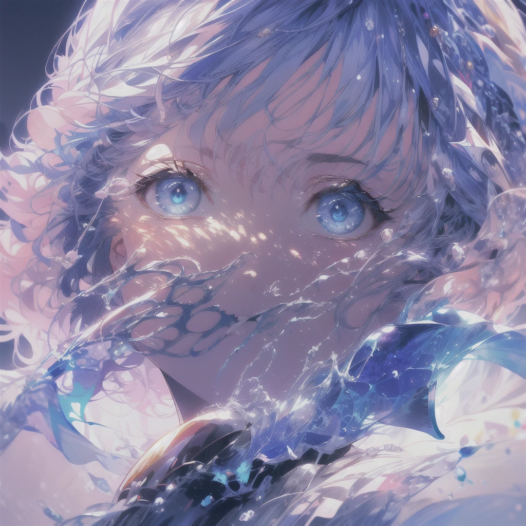 (high resolution), (4k), (detailed), (There are no flaws in character, Face, body and hands). A woman is listening to music and looking at the sky at night. She is sitting, has a sweet face and is so beautiful that if people see her they will be enchanted and amazed.He has white hair with soft bright blue gradations at the ends of his hair. Has blue eyes. Her hair shines with the moon
