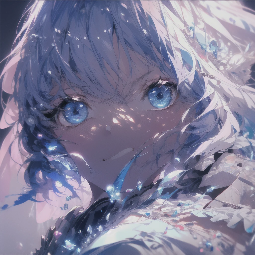 (high resolution), (4k), (detailed), (There are no flaws in character, Face, body and hands). A woman is listening to music and looking at the sky at night. She is sitting, has a sweet face and is so beautiful that if people see her they will be enchanted and amazed.He has white hair with soft bright blue gradations at the ends of his hair. Has blue eyes. Her hair shines with the moon