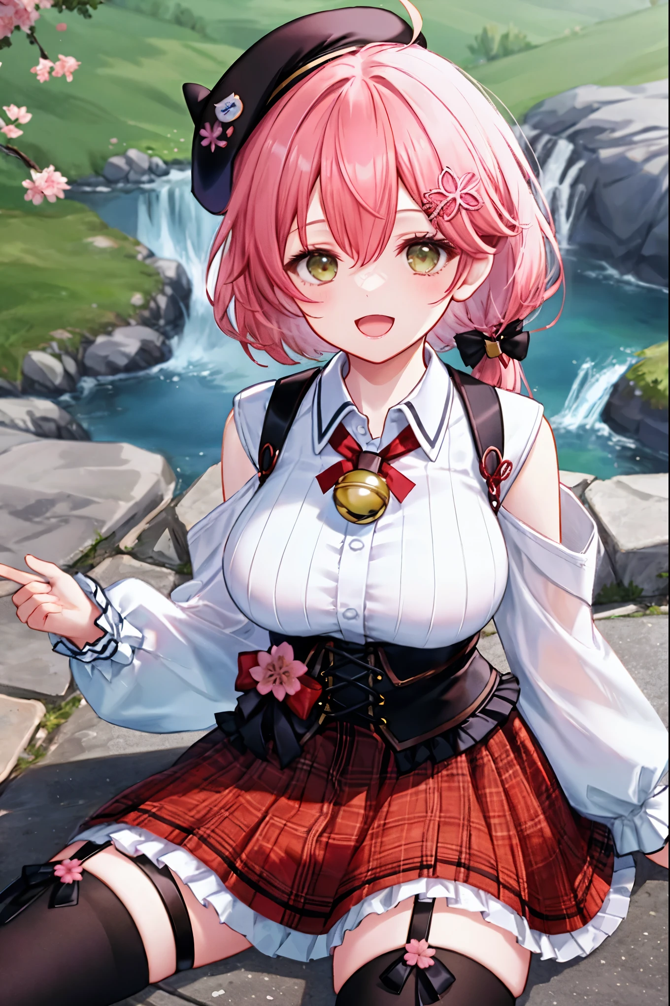 masutepiece, Best_Quality, hight_resolution, miko2,Ponytail, 1girl, Ahoge, black headwear, Hair Ornament, White shirt, black thighhighs, Pink hair, Red_skirt, very_short_skirt, plaid skirts, garter_strap, Collared shirt, hair clips, frilld, Bangs, hair between eye, frills skirt, beret, Pleated skirt, Hair Flower, Neck bell, , puffy long sleeves, Black bow, Underbust, Smile, (large_breasts:1.3),covered_nipples, green_eyes, happy, dynamic_angle,spread_legs,(big_smile:1.2),plump,open_mouth,shout,half_eyes,cherryblossom_park_landscape_background,