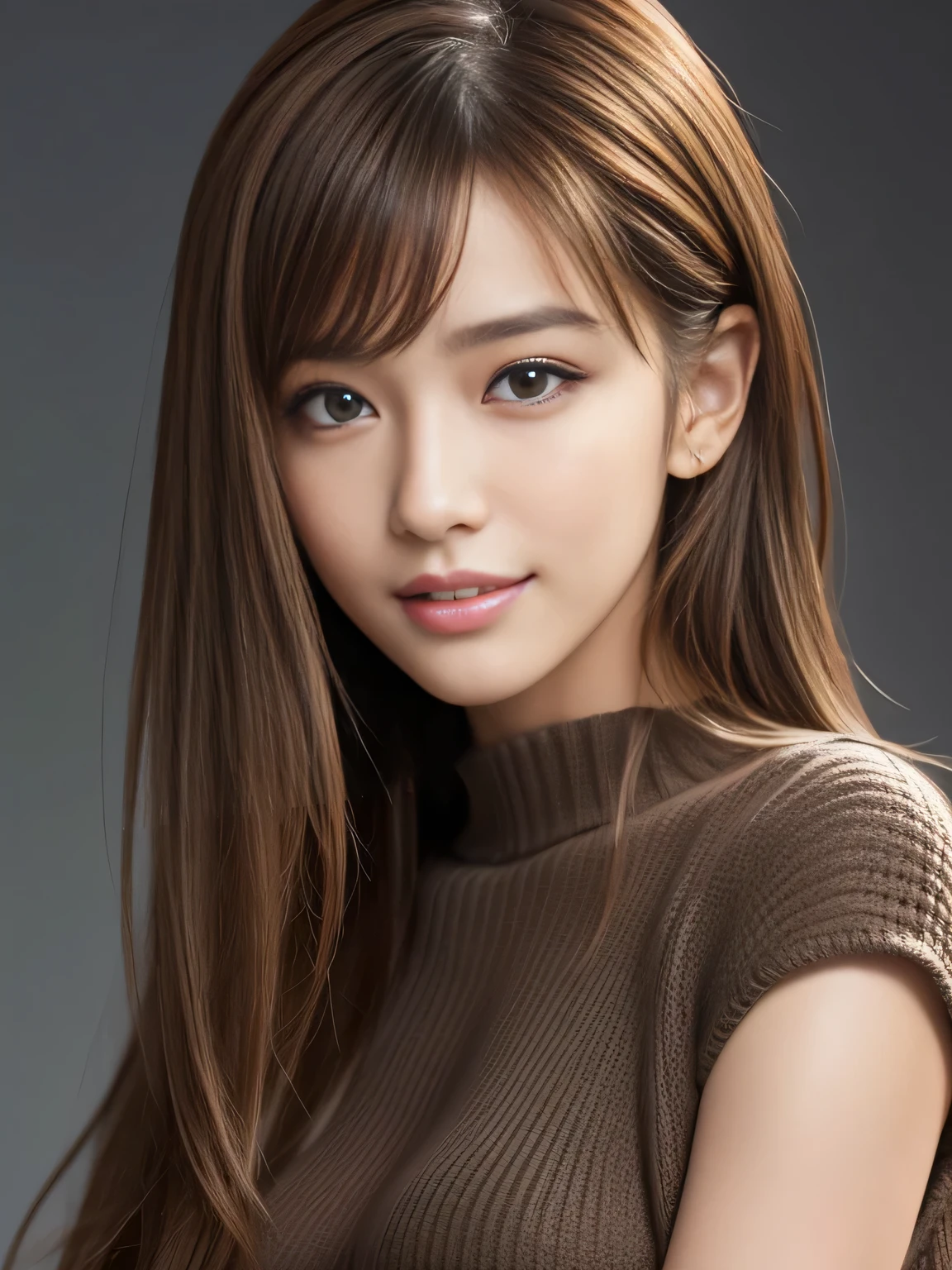 masterpiece, best quality, ultra-detailed, intricately detailed hyperdetailed, realistic, sharp features, highly detailed, sharp focus, Realistic, Photorealistic:1.3, (19 years old:1.3), perfect face, perfect symmetrically eyes, perfect full lips, hyper detailed, hyper realistic, high resolution, Fashion Model, Japanese Idol, Slender, brown hair, Stylish, model poses, Beautiful Face, light brown hair, messy hair, Beautiful hairstyle, (seductive smile:1.2), (looking at viewer), cinematic lighting, grey background, (Black knit:1.2), portrait