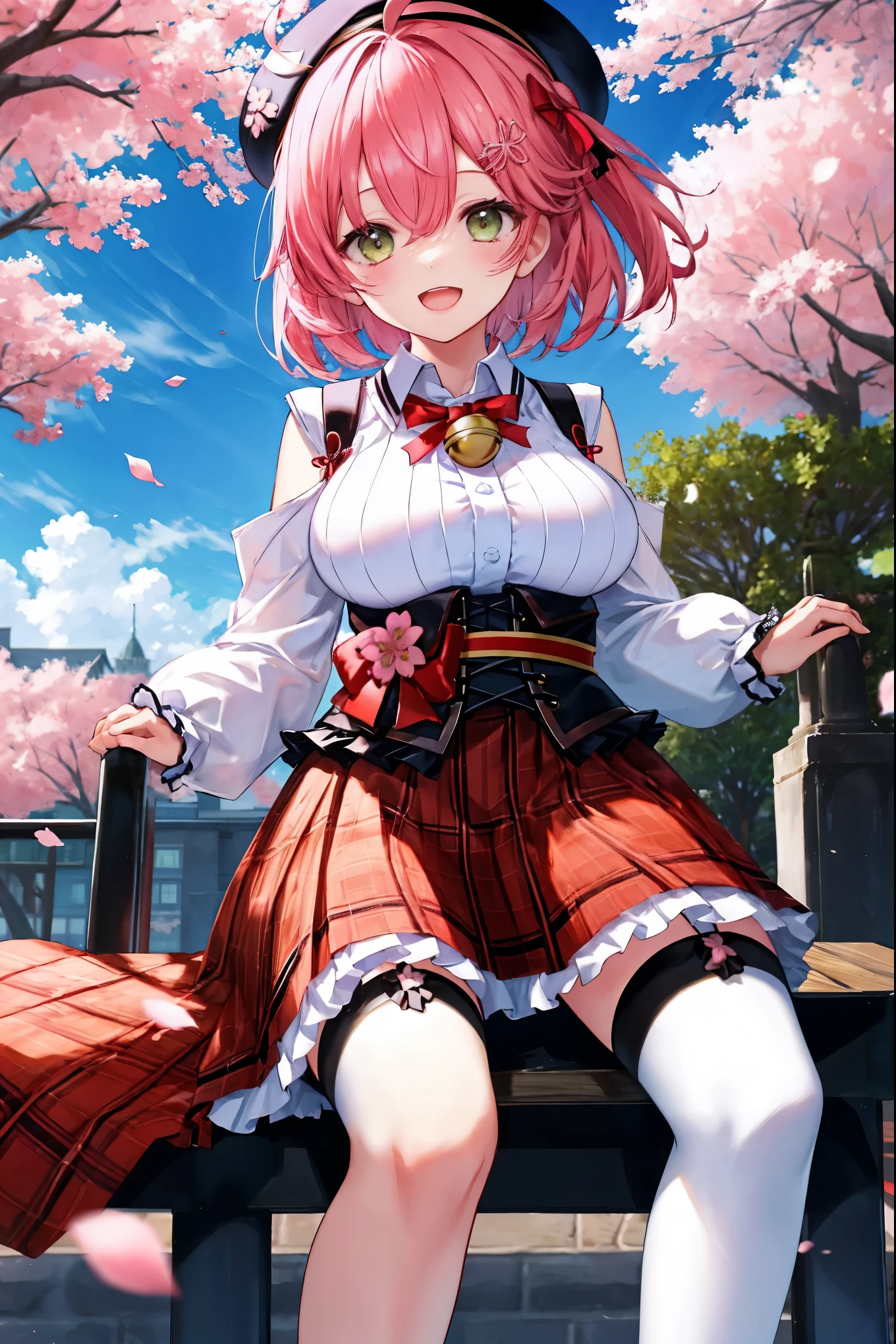 masutepiece, Best_Quality, hight_resolution, miko2,Ponytail, 1girl, Ahoge, black headwear, Hair Ornament, White shirt, black thighhighs, Pink hair, Red_skirt, very_short_skirt, plaid skirts, garter_strap, Collared shirt, hair clips, frilld, Bangs, hair between eye, frills skirt, beret, Pleated skirt, Hair Flower, Neck bell, , puffy long sleeves, Black bow, Underbust, Smile, (large_breasts:1.3),covered_nipples, green_eyes, happy, dynamic_angle,spread_legs,(big_smile:1.2),plump,open_mouth,shout,half_eyes,cherryblossom_park_landscape_background,