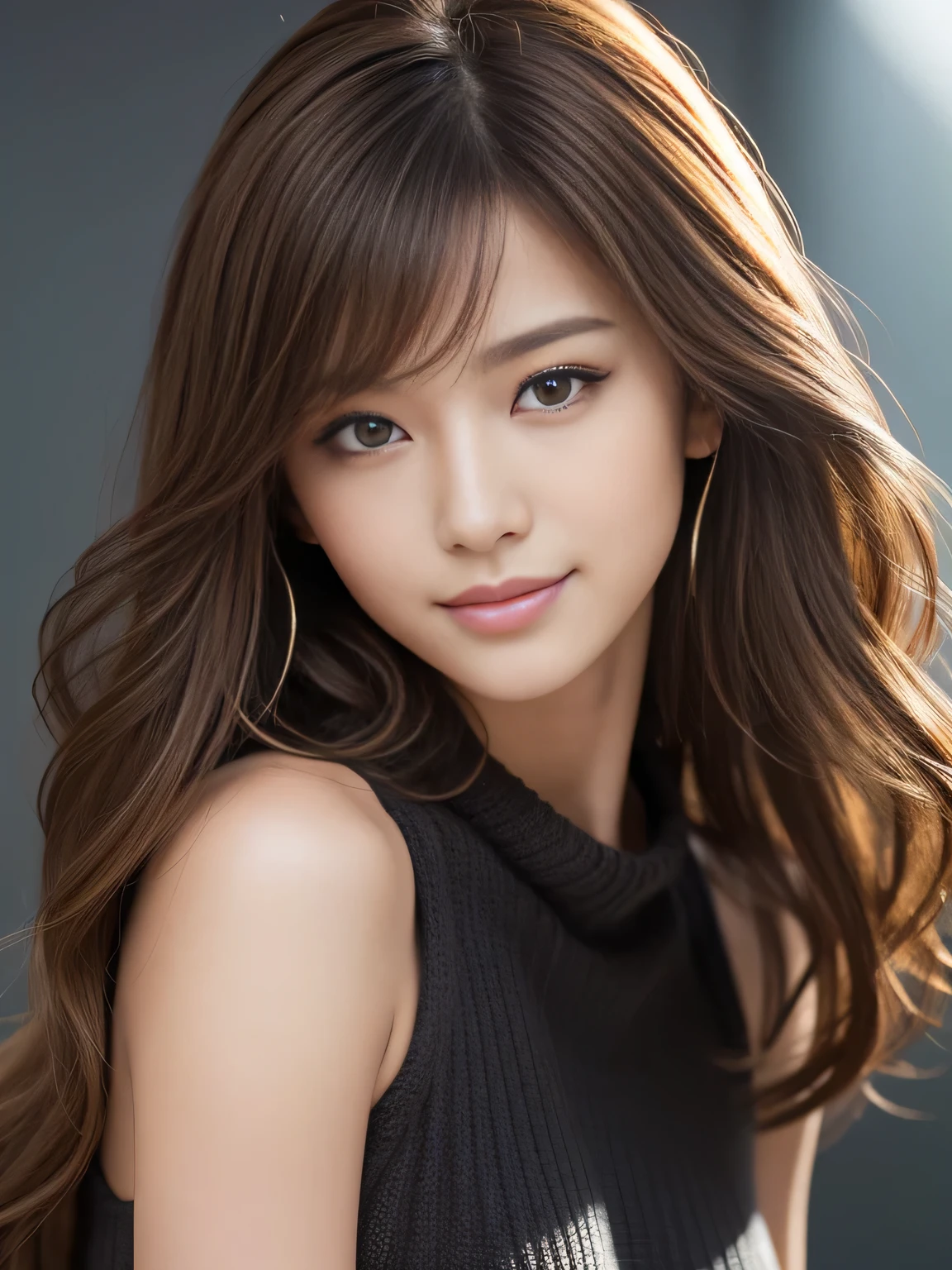 masterpiece, best quality, ultra-detailed, intricately detailed hyperdetailed, realistic, sharp features, highly detailed, sharp focus, Realistic, Photorealistic:1.3, (19 years old:1.3), perfect face, perfect symmetrically eyes, perfect full lips, hyper detailed, hyper realistic, high resolution, Fashion Model, Japanese Idol, Slender, brown hair, Stylish, model poses, Beautiful Face, light brown hair, messy hair, Beautiful hairstyle, (seductive smile:1.2), (looking at viewer), cinematic lighting, grey background, (Black knit:1.2), portrait