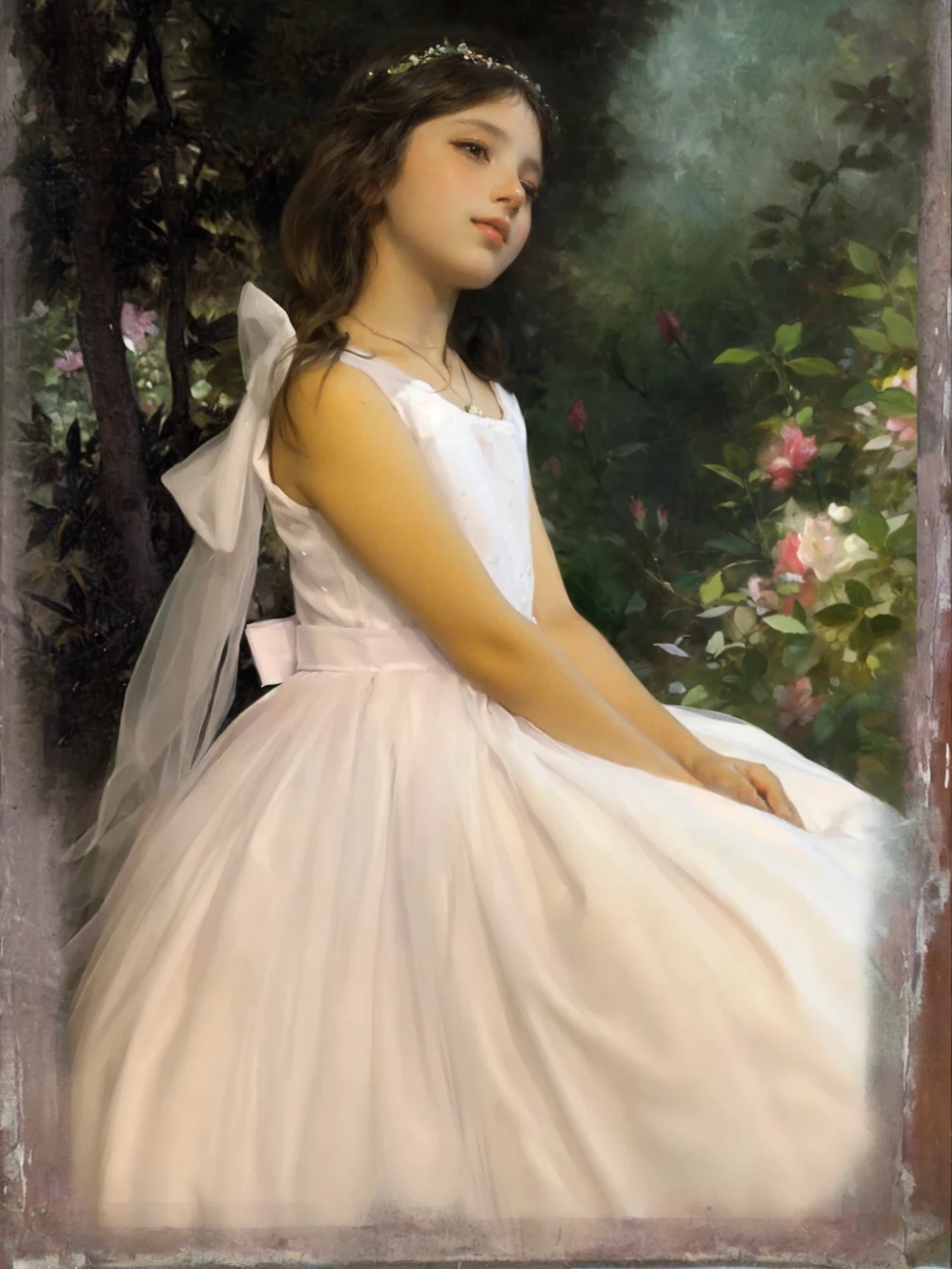 painting of a young woman in a white dress sitting in a garden, inspirado em William-Adolphe Bouguereau, pudica pose bouguereau style, pudica gesture bouguereau style, portrait painting of a princess, portrait of a princess, pose estilo bouguereau, portrait of princess fada, portrait of princess, portrait of a fairy
