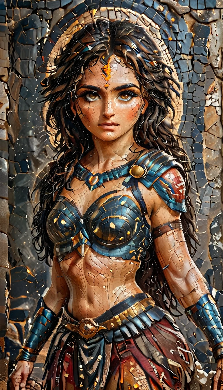 ancient Greek mosaic art of an amazon warrior holding a sword, ready for battle, beautiful amazon warrior holding a sword, ready for battle, ((full body shot: 1.5)), ((anatomically correct: 1.5)) (ultra detailed face: 1.4), dynamic skin complexion, dynamic hair style, dynamic hair color, she is wearing ancient Greek armor, armed with a Greek short sword, dynamic background, vibrant, Ultra-high resolution, High Contrast, (masterpiece:1.5), highest quality, Best aesthetics), best details, best quality, highres, 16k, [ultra detailed], masterpiece, best quality, (extremely detailed) RAW, fantasy art, dnd art, fantasy art, realistic art, (ultra details, Masterpiece, best quality), Intense gaze, flash
