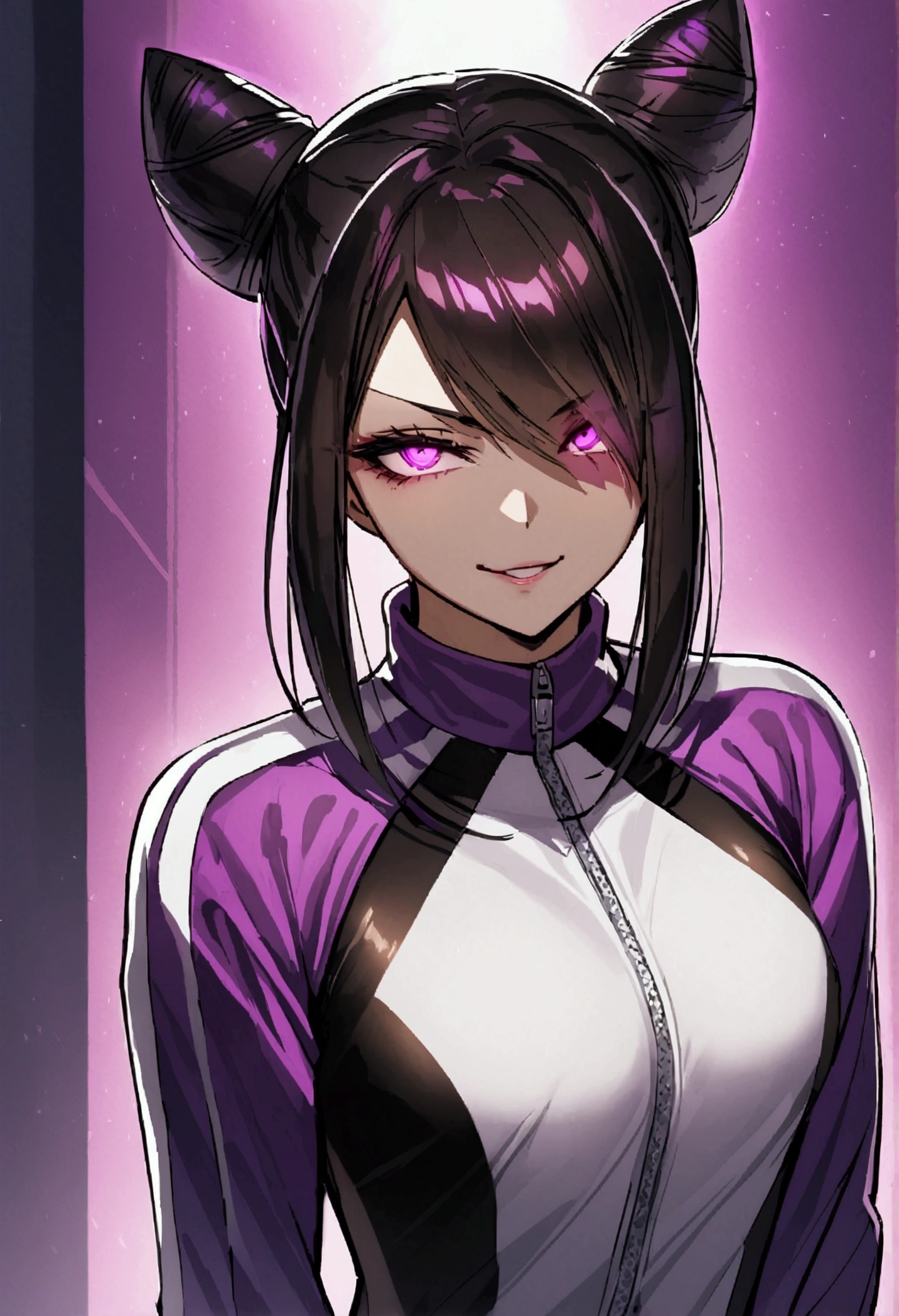 dark eye shadow,shining eyes,beautiful young fitness woman with , in a gym wearing May with black pantyhose, tight white and purple gym jacket. standing alone,hair horns,glowing purple eyes,Evil smile,legging preto ,labiaa,dark eye shadow,shining eyes,close up
