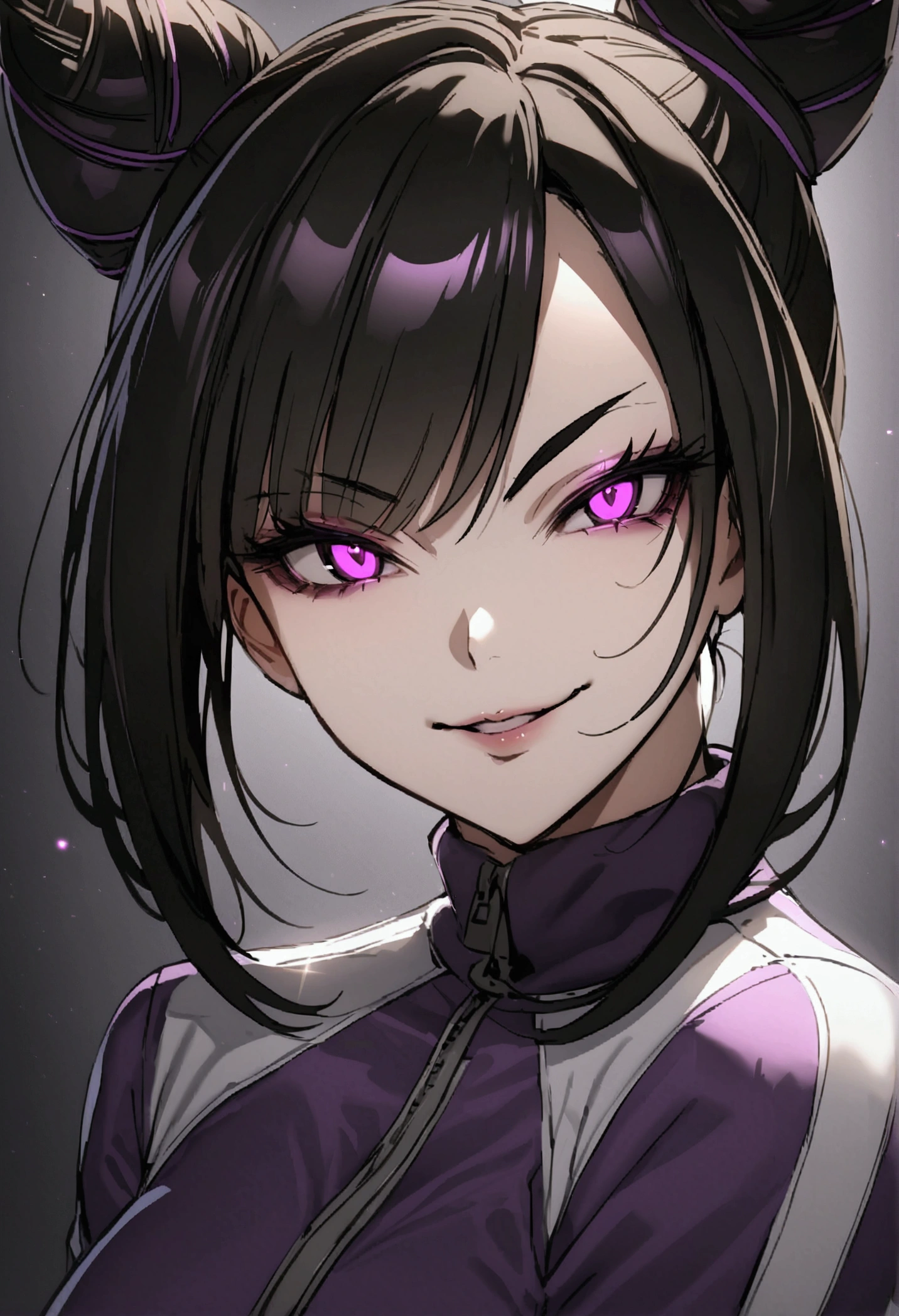 dark eye shadow,shining eyes,beautiful young fitness woman with , in a gym wearing May with black pantyhose, tight white and purple gym jacket. standing alone,hair horns,glowing purple eyes,Evil smile,legging preto ,labiaa,dark eye shadow,shining eyes,close up