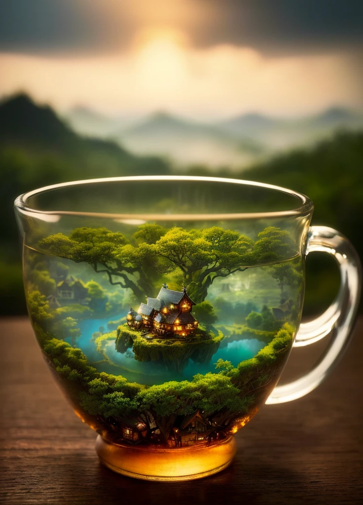 There is a glass cup with a house on it on the table., Beautiful and detailed miniatures, Made of wood and fantasy valley, on a mini world, Amazing photo, Beautifully detailed scenes, Tilt-shift glass background, Background of Assam Tea Village, Miniature World, Bonsai House, Dream landscape in a bottle, realistic fantasy render, Beautiful photorealistic images, Miniature photo
