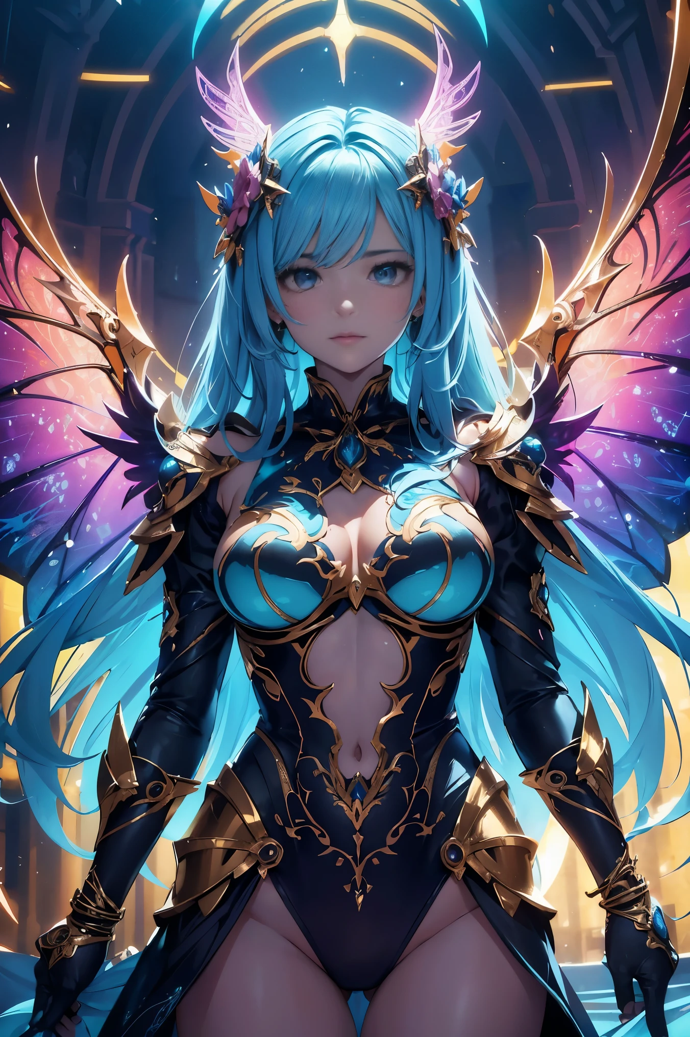 (best quality, masterpiece, colorful, dynamic angle, from below, highest detailed)upper body photo, full body photo, fashion photography of cute mechangel, glowing 4 wings, solo, glowing armor, glowing halo, building, glowing mechanical 4 wings (intricate details, hyperdetailed:1.15), detailed, light passing through hair, (official art, extreme detailed, highest detailed), HDR+