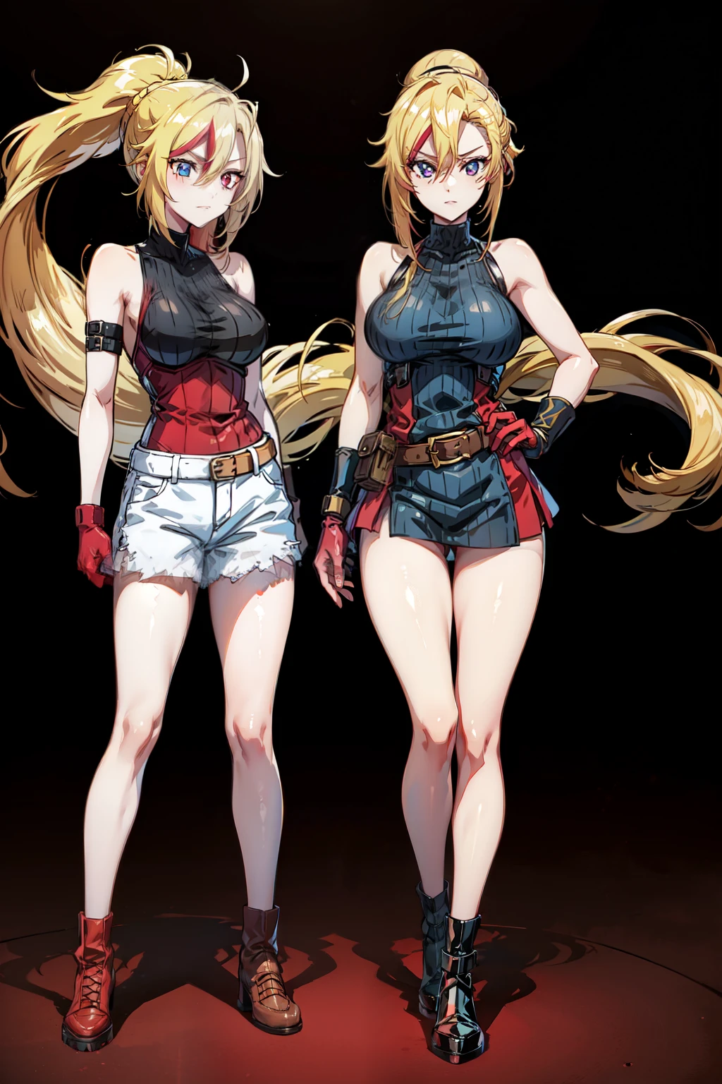 (masterpiece, best quality:1.2), red glowing eyes, red eyes, the eyes are red, perfect face, , strong make up, highres, 1 girl, solo, ultra long ponytail, (female:1.5), strife, blonde hair, shoulder armor, sleeveless turtleneck, suspenders, belt, gloves, bracer pre potent smile, perfect legs, crossing arms , evil smile, evil pose, standing, portrait, looking at viewer, Her hair is streaked with red and blonde highlights.fullbody overview, full body view,