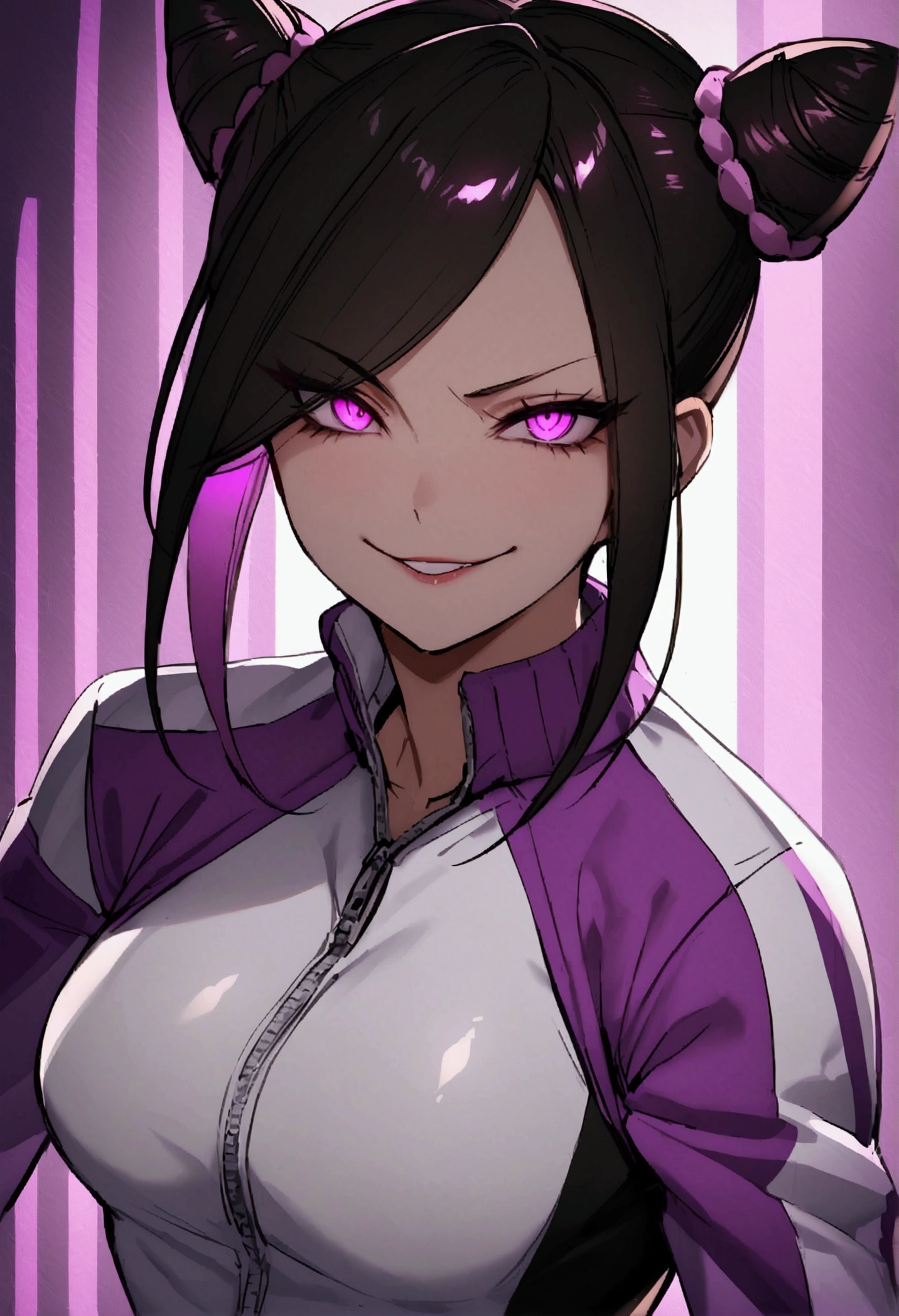 dark eye shadow,shining eyes,beautiful young fitness woman with , in a gym wearing May with black pantyhose, tight white and purple gym jacket. standing alone,hair horns,glowing purple eyes,Evil smile,legging preto ,labiaa,dark eye shadow,shining eyes,close up
