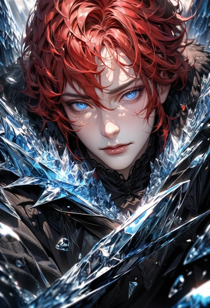 absurdres, highres, ultra detailed, HDR, master piece, best quality, extremely detailed face and eyes, perfect face, realistic face, beautiful eyes, Arthur Leywin, red hair, expressive blue eyes,Tbate, black jacket, black shirt, patterns, solo, man, handsome, ice butterflies, ice trees, ice flowers, ice petals