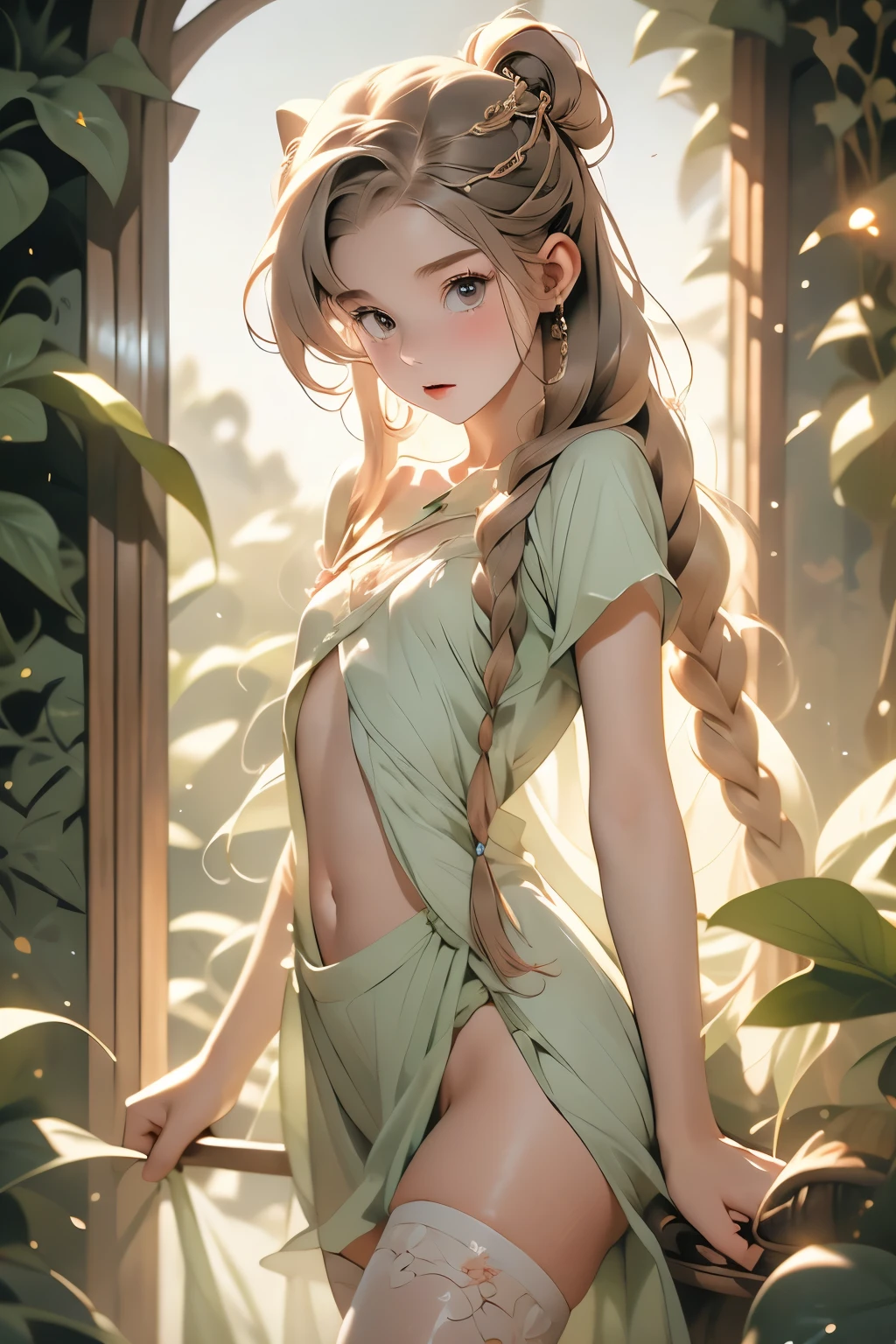  ((best quality)), ((masterpiece)), (detailed), 1girl, off-shoulder, little tribal,(((little ,small))),(round face),(little chest),(big forhead:1.2),(beautiful big eyes:1.3),extremely detailed cute anime face, (((flat chest))),((((long twin braids,tight braids,long braid,braided hair,long hime cut,colored inner hair)))),intricate eyes,beautiful detailed eyes,symmetrical eyes,((((lustrous skin:1.5,bright skin: 1.5,shiny skin,very shiny skin,shiny body,Reflective skin)))),(((detailed face))),beautiful detailed lips,(nsfw)), ((loincloth upskirt)),(loin cloth clothes,style),(clothing made of leaves and flowers),((wet clothes,)), dynamic pose,looking at viewer, (((embarrassed))),(horrified expression),highres,(best quality),(ultra detailed,extremely detailed),perfect face details, ((masterpiece:1.4, best quality))+, (ultra detailed)+, long twintails, (white thighhighs), cute girl,blue clothes, (flat chest:1.3), 1 fairy girl, off-shoulder, a fairy, fairy girl, winged pixie girl, girl fairy, various different types of insect wings, small breasts (flat chest:1.3), NSFW，tentacle-like vines, Covered with tentacles, encoiled by tentacles, Tentacles around the body, many tentacles, captured by tentacles, bound by tentacles, trapped by tentacles, Fine details，Tentacled，Tied with tentacles, roaming tentacles, drooling，Crying，horrified expression, panic, fight for survival, helplessness, Detailed body，Full limbs，NSFW, being pulled into a flower, wild environment, jungle, terrifying floral environment, horrific nature, predatory flora, fairy catcher, fairy trapper, fairy catcher plant, tentacle-like vines, fairy trapper-plant, fairy catcher flower, tentacle-like vines, fairy trapper-flower inspired by carnivorous plants; a plant occupying the equivelant evolutionary niche as a spider would 