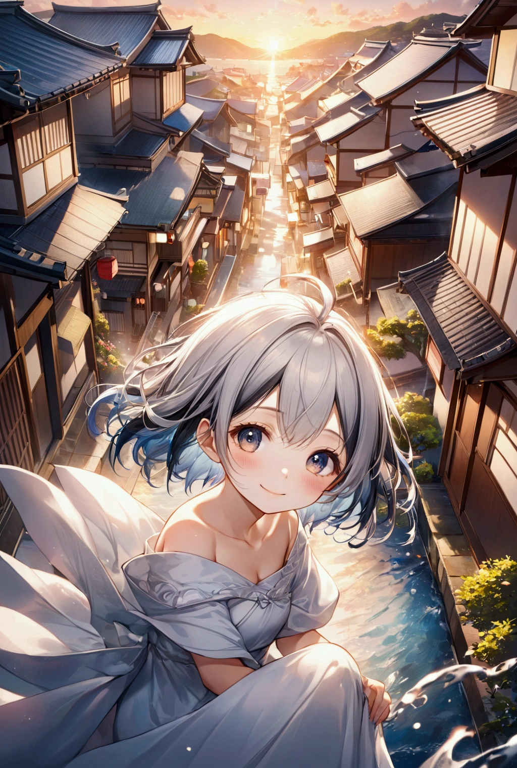 (Highest quality, 8k, 32K, masterpiece, Ultra-high resolution,:1.2),to be born, One Girl,So cute , eye, Multicolored Hair, Black Hair, 黒色のFantasy背景, clear, 輝くeye, Age 25 ,Fair skin, Girl with silver hair, short hair, Hairstyles with outside splashes, An innocent smile, Fantasy, Cute smile, looks fun, Japanese Town, sunset