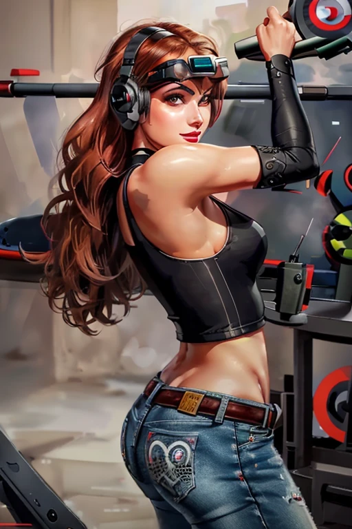 ((shooting gun)),((target practice, shooting range:1.4)).(sultry eyes, flirty smile:1.2).(ultra realistic illustration:1.3).Sexy 23yo French woman, dyed red hair, green eyes. fit, natural perky breasts, perfect round ass, (suntan). (bangs, long hair:0.8), red lipstick, ponytail, ((safety goggles, headphones)), choker, lace tank top, jeans, high heels. Masterpiece, best quality,(highly detailed:1.2),(detailed face and eyes:1.2), 8k wallpaper, depth of field, natural lighting. core shadows, high contrast, bokeh.(rule of thirds), cinematic, atmospheric, contrast, intricate,