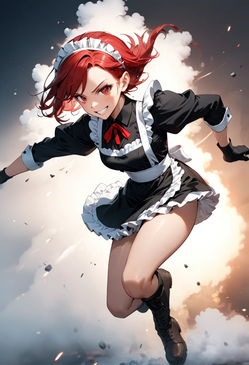 (masterpiece, best quality, super detailed, beautiful details eyes, Clean and delicate face), solo, (Red bob hair, red eyes), (maid costume, white maid headband), thigh, black gloves, army boots, (whole body), battle action in the air, power movements, strenuous movements, Dynamic Motion Blur, grin, atmosphere full of steam and smoke, professional lighting, Dynamic action scenes