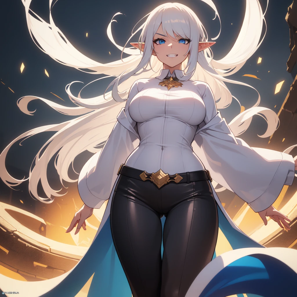 ((best quality)), ((masterpiece)), (detailed),
((Form-fitting_pants)), ((dress_shirt))
((one_female)), ((long_white_hair)), ((elf)), (((medium_sized_breasts))), (toned_body), ((flawless_physique)), ((30_years_old)), ((perfect_proportions)), (swept_bangs), (wide_hips), ((masterful_artwork)), ((follow_all_prompts)), ((deep_blue_eyes)), ((white_hair))
((Evil grin)), ((back_turned)),
(((final_boss_aesthetic))
Ultra High Definition, Ultra High Quality, Extremely Detailed, Perfectly Detailed, Masterpiece, 8k, hyper detailed face, hyper detailed illustration, beautiful artwork, exquisite lighting and shadow, highly dramatic picture, lens effects, enhanced visuals, enhanced lighting, enhanced details, highest quality, highest resolution, highly dramatic picture,