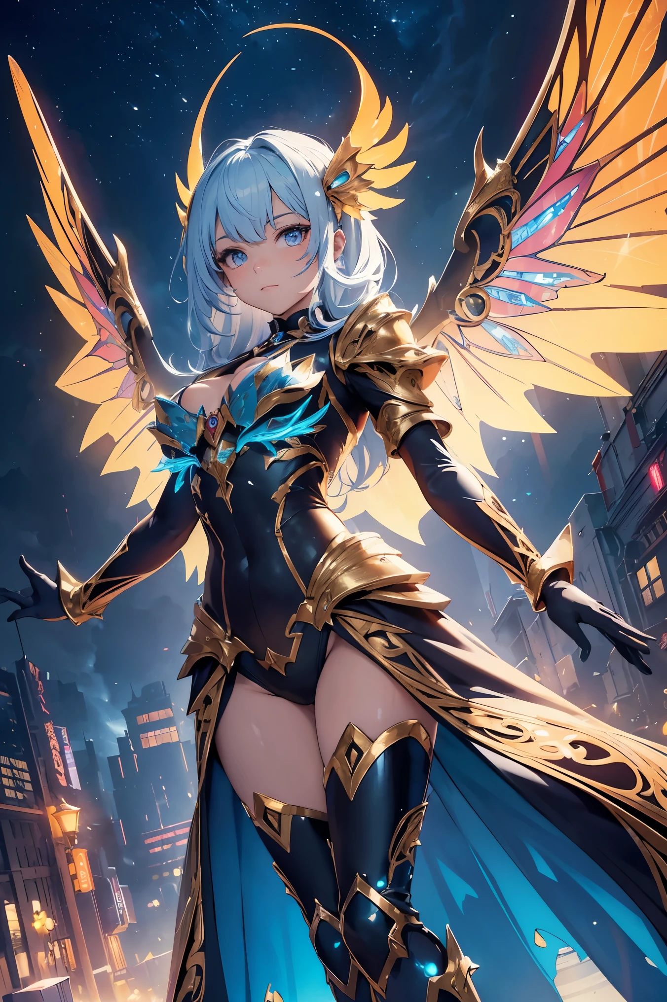 (best quality, masterpiece, colorful, dynamic angle, from below, highest detailed)upper body photo, full body photo, fashion photography of cute mechangel, glowing 4 wings, solo, glowing armor, glowing halo, building, glowing mechanical 4 wings (intricate details, hyperdetailed:1.15), detailed, light passing through hair, (official art, extreme detailed, highest detailed), HDR+