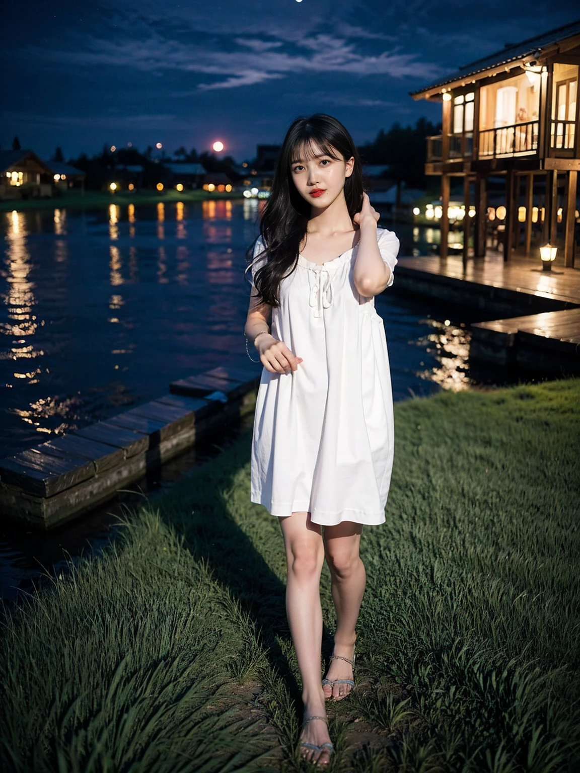 A girl standing on a lawn at night、Woman in nightdress、brown hair、full body photo、There are no structures around、Moonlight night、aurora、masterpiece、highest quality、Super detailed、official art