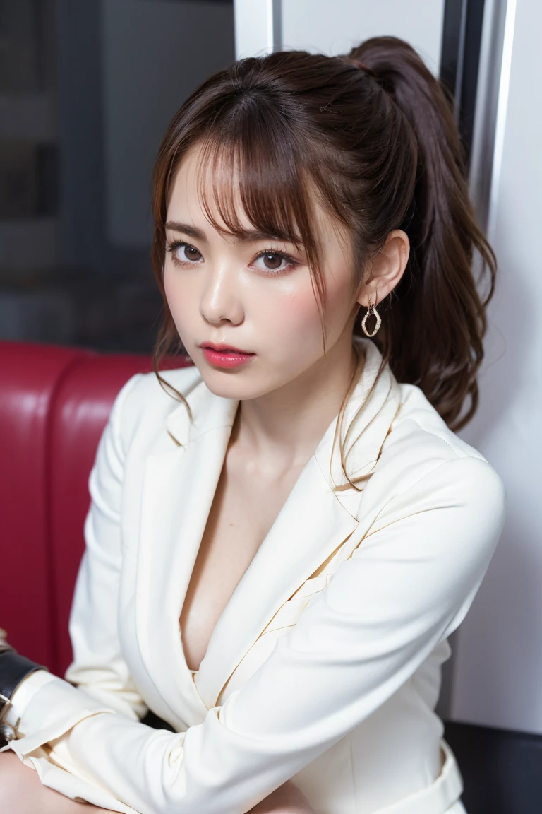((Upper Body))、(masterpiece:1.3), High resolution, Very detailed, Highly detailed CG Unity 8K wallpapers, Realistic, photo-Realistic, RAW Photos, Beautifully detailed face, Pale skin, Realistic glistening skin, Detailed cloth texture, Detailed hair texture, Perfect Style, Beautiful Face, Accurate, Anatomically correct, Very detailed顔と肌の質感, fine grain, Brown eyes, double eyelid, Thin eyebrows, (Droopy eyes:0.65), (Glitter Eyeliner:1.2), Natural Cheeks, Glowing Skin, (Fair skin:1.2), Shiny necklace and earrings, (Glossy Lips: 1.4),
break
(Classy and cute girl:1.3), (High ponytail hairstyles, Wavy Hair, Dark brown hair), (Captivating smile:1.2) (Wear an elegant business suit:1.3), (Black Stockings), Medium large breasts,
break
((Cowboy Shot:1.2)), (Cross-legged sitting pose:1.4), At the train door,
Show off your V-line、