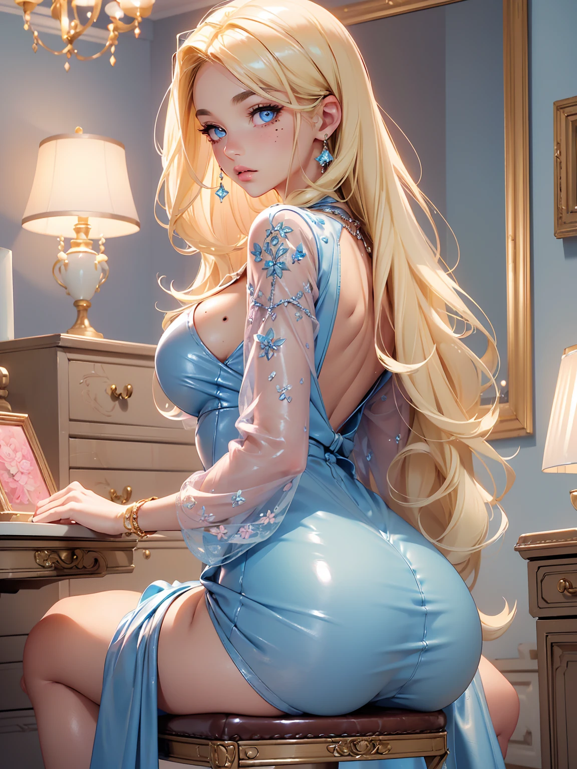 (((Blonde stunning hair))), (blue eyes), blue necklace, Golden earrings, Fit, Gorgeous Body, gorgeous, brown eyebrows, (two moles over lip), big pupils, (23 years old), 1girl,solo, complex skin, warm light, (large breasts), wide thighs, round butt, 5 fingers, ((blushing)), ((detailed face, best quality)),(beautiful detailed eyes), red lip, eyeshadow, beautiful face, long hair, very detailed eyes, intricate details in eyes, perfect lips, good lighting, ((masterpiece, Best quality, a high resolution, ultra detailed),(beautiful and aesthetically pleasing:1.2), 1 woman, Beautiful, Detailed eyes and face , ((Short light blue dress)), (((pink bedroom, all furniture is girly leather))), ((big , big ass)), ((pov from the back)), sitting on chair, (((Ass cheeks showing)))