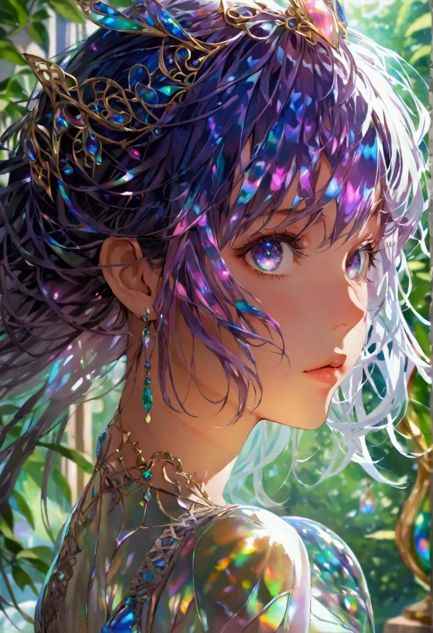 Anime girl,dark iridescent hair, iridescent eyes,hour glass body figure, stringlaced,detailed hair, detailed face,best quality, high resolution, 8k