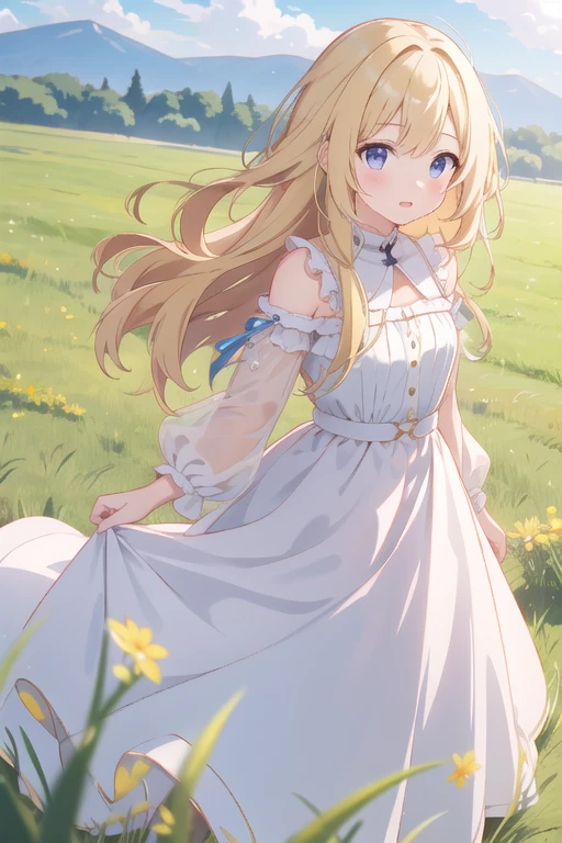 One Girl、Wavy blonde hair、Western Countryside、Walking through the grasslands、Cute Face、Cute Dresses、White and clear skin、