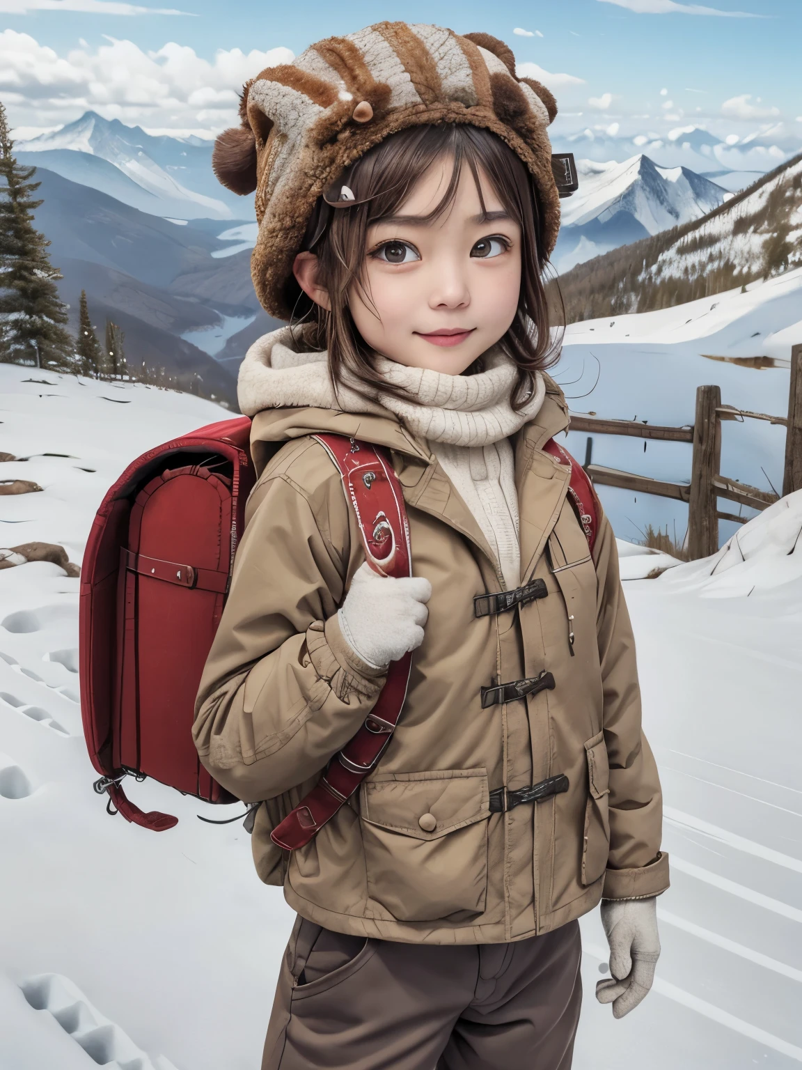 masterpiece, best quality, highres, 1girl, solo, brown hair, medium hair, brown eyes, mole under eye, cowboy shot, adventure, hiking, wearing winter headcap, wear winter jacket, thick jacket, (jacket:1.2), trousers, gloves, (trousers:1.2), outdoor, mountain, snow mountain, wearing red backpack, (backpack:1.2)